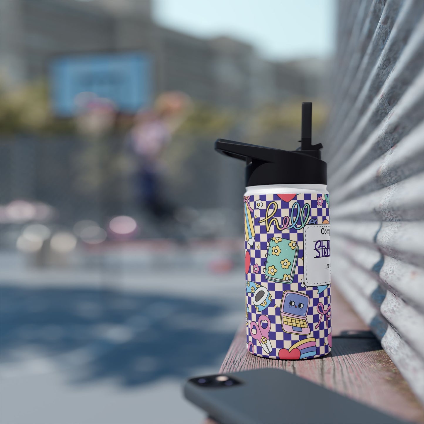 Personalized Purple Doodle Daydream Composition Book Inspired Stainless Steel Water Bottle for Kids, School Supplies, Eco-Friendly Drinkware, Back to School, Teacher Gifts