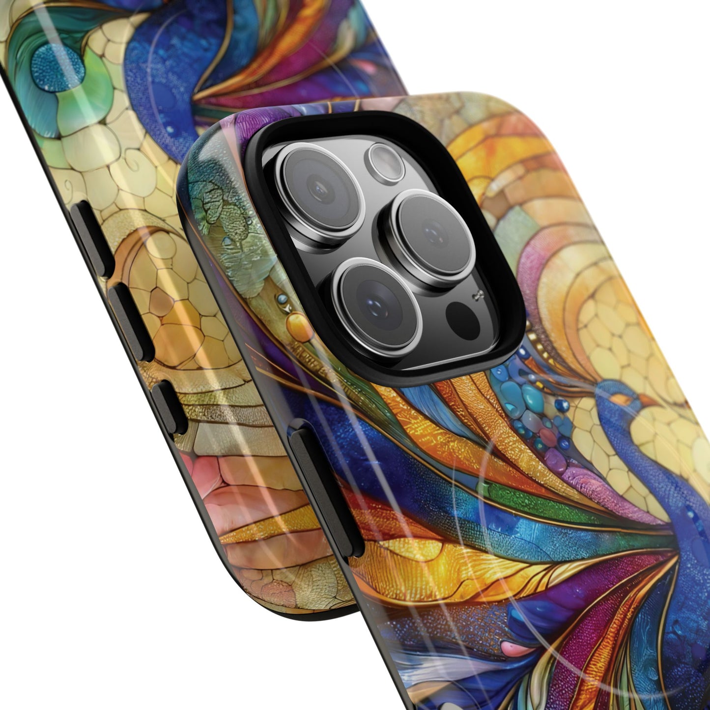 Mosaic Peacock Feathers Magnetic Phone Case, Tough Phone Shell, Vibrant Art Case, Gift for Her, Unique Phone Accessory, Wildlife Lover's Gift, Stained Glass Case.