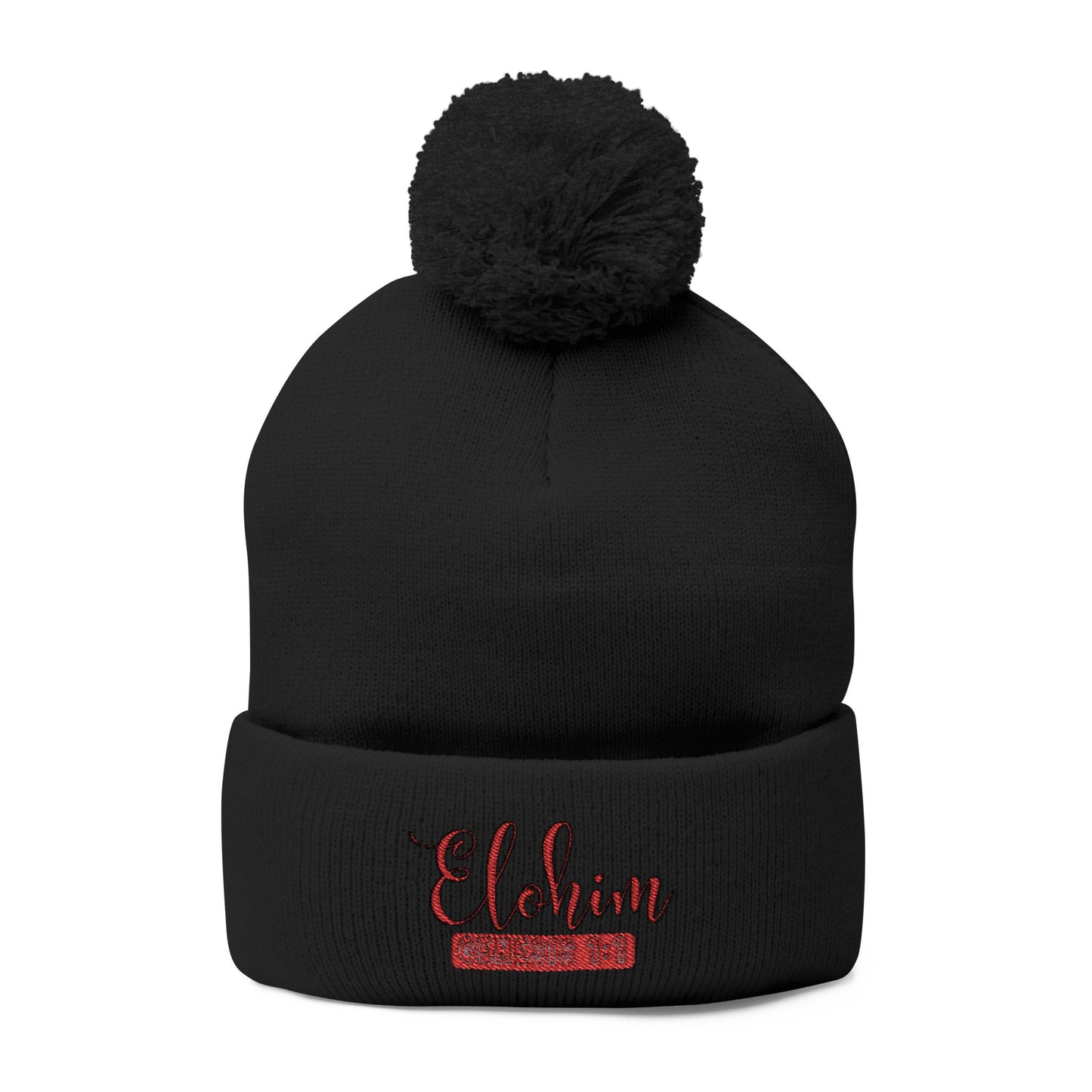 Red Pom-Pom Knit Cap with 'ELOHIM, GENESIS 1:1'  Embroidery Beanie - Stylish Winter Accessory for All Ages, Perfect Gift for Birthdays, Holidays, and Outdoor Activities