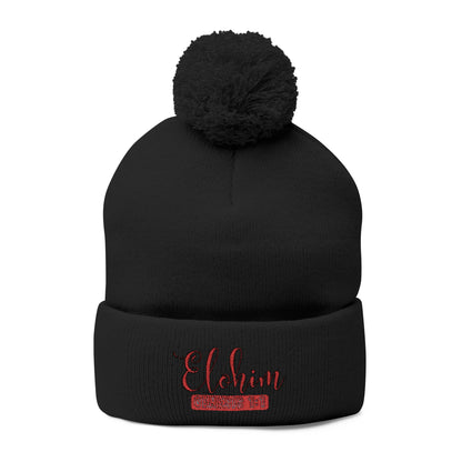 Red Pom-Pom Knit Cap with 'ELOHIM, GENESIS 1:1'  Embroidery Beanie - Stylish Winter Accessory for All Ages, Perfect Gift for Birthdays, Holidays, and Outdoor Activities