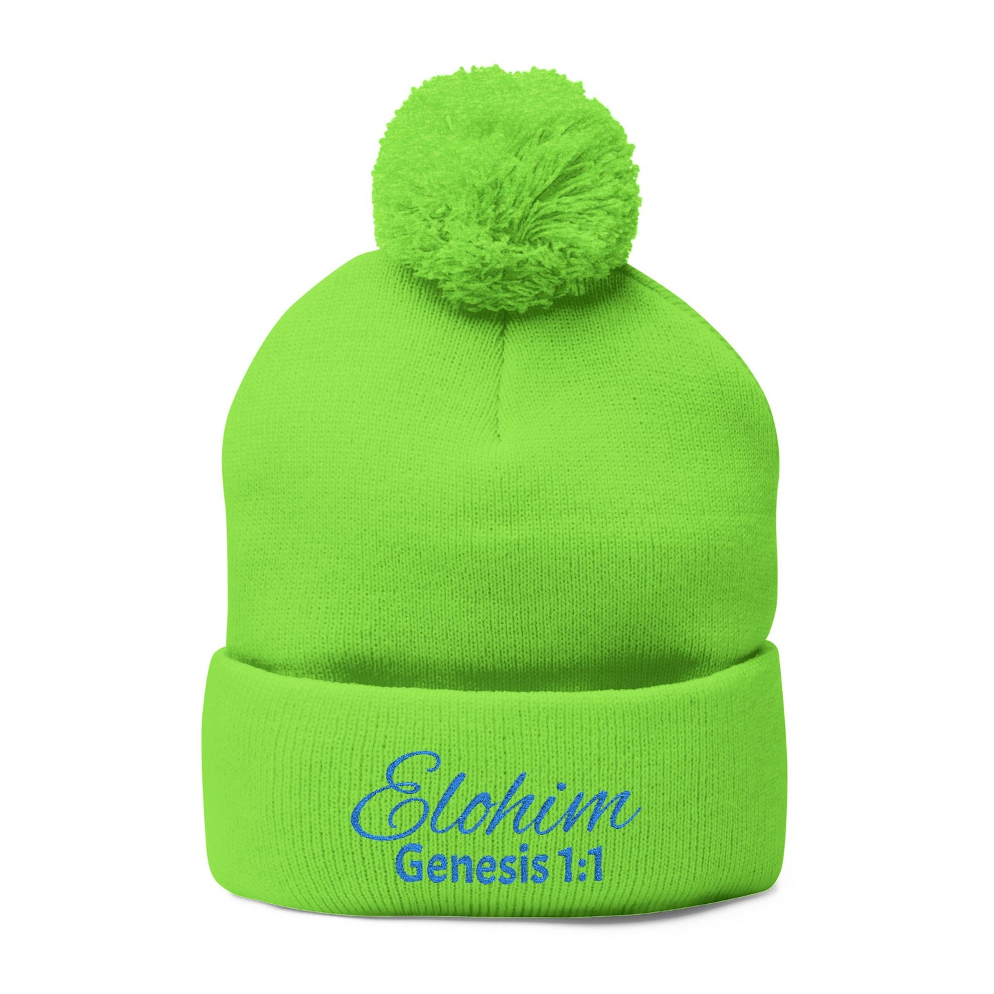 Pom-Pom Knit Cap with 'ELOHIM, GENESIS 1:1'  Embroidery Beanie - Stylish Winter Accessory for All Ages, Perfect Gift for Birthdays, Holidays, and Outdoor Activities