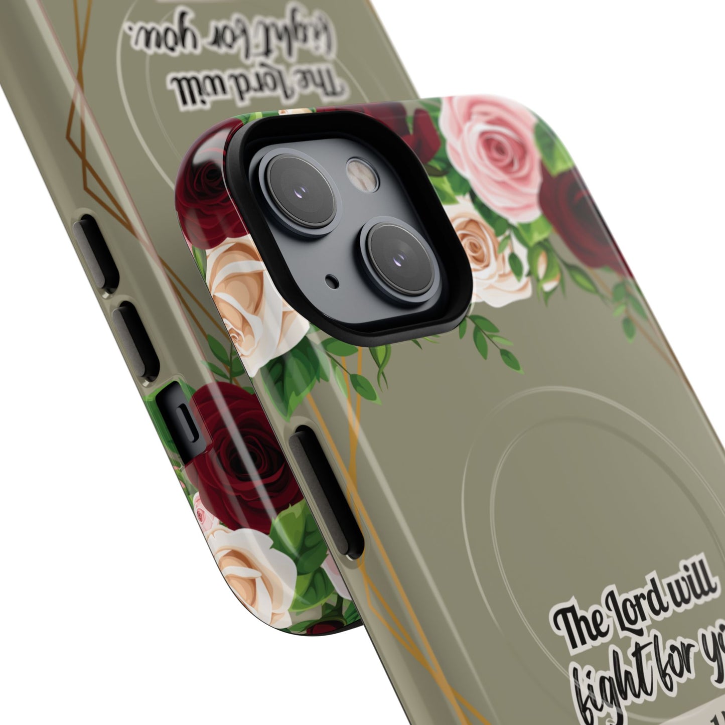 The Lord will Fight for You Exodus 14:14, Inspirational Gift, Tough iPhone Magnetic Case Scripture, Roses Bible Verse, MagSafe® iPhone® Tough Case, iPhone 14, iPhone 15, iPhone 16, Pro, Pro Max, Plus.
