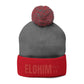 Red Pom-Pom Knit Cap with 'ELOHIM, GENESIS 1:1'  Embroidery Beanie - Stylish Winter Accessory for All Ages, Perfect Gift for Birthdays, Holidays, and Outdoor Activities