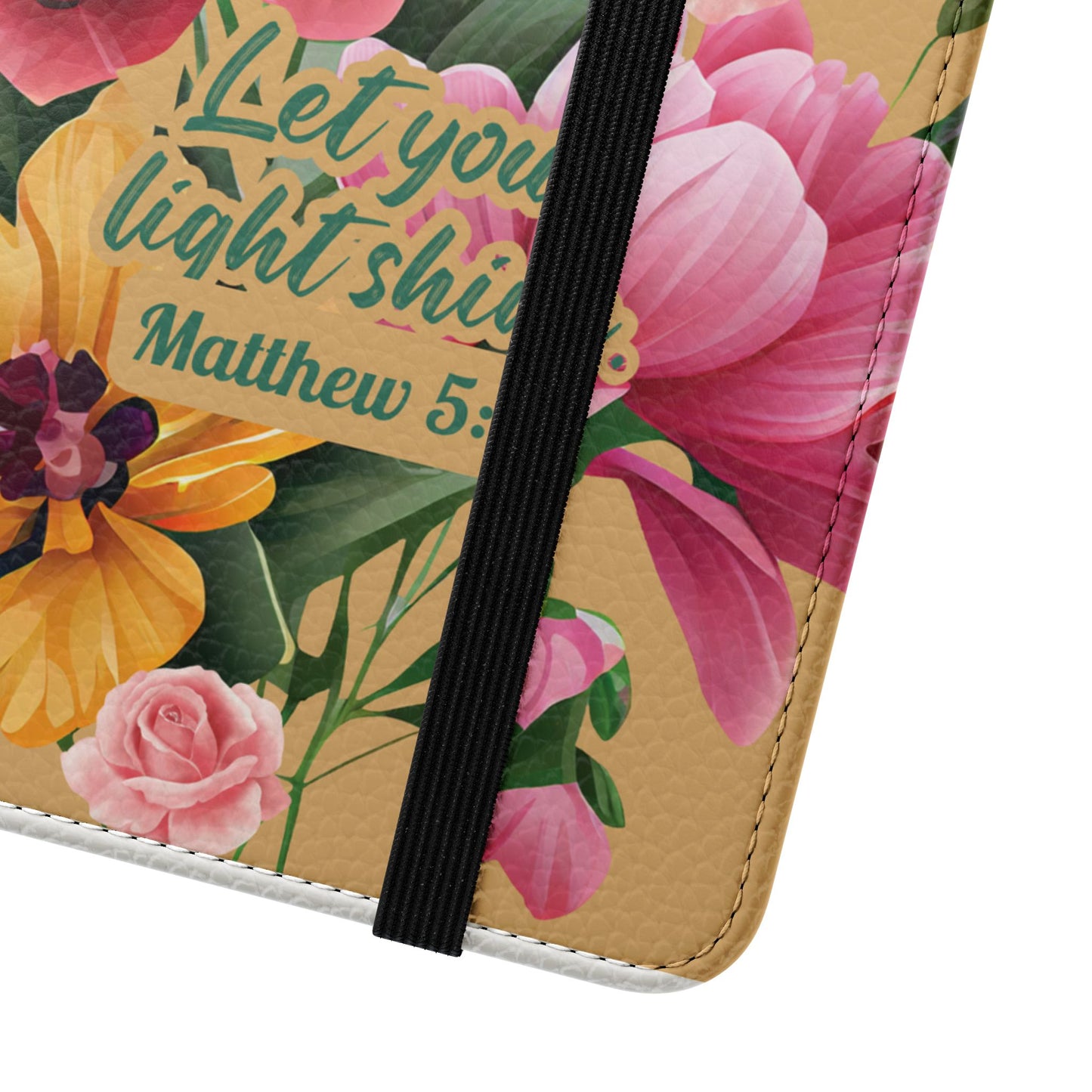 Floral Scripture Flip Case — "Let Your Light Shine" Wallet Phone Cover (Matthew 5:16)