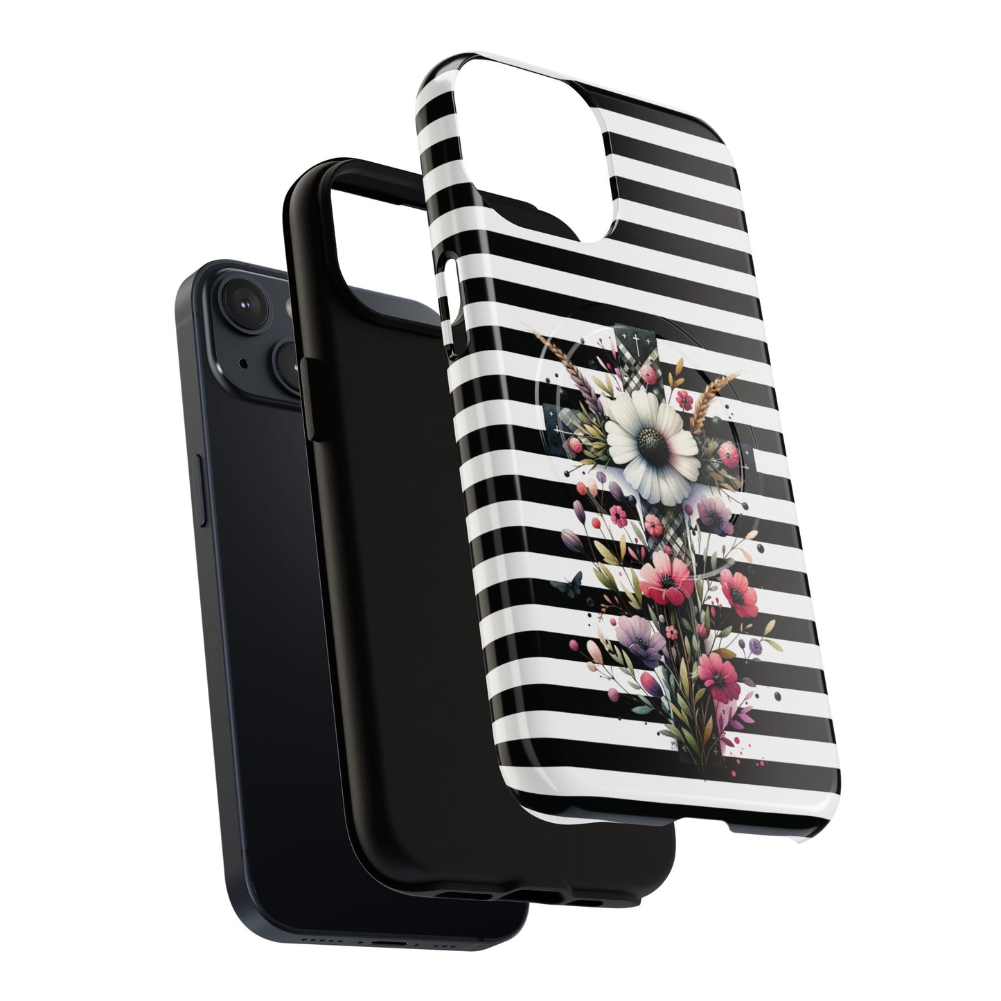 Faith in Bloom Tough iPhone Magnetic Case, iPhone Accessories, Floral iPhone Cover, Durable Cases for Gifts, Black and White Stripes