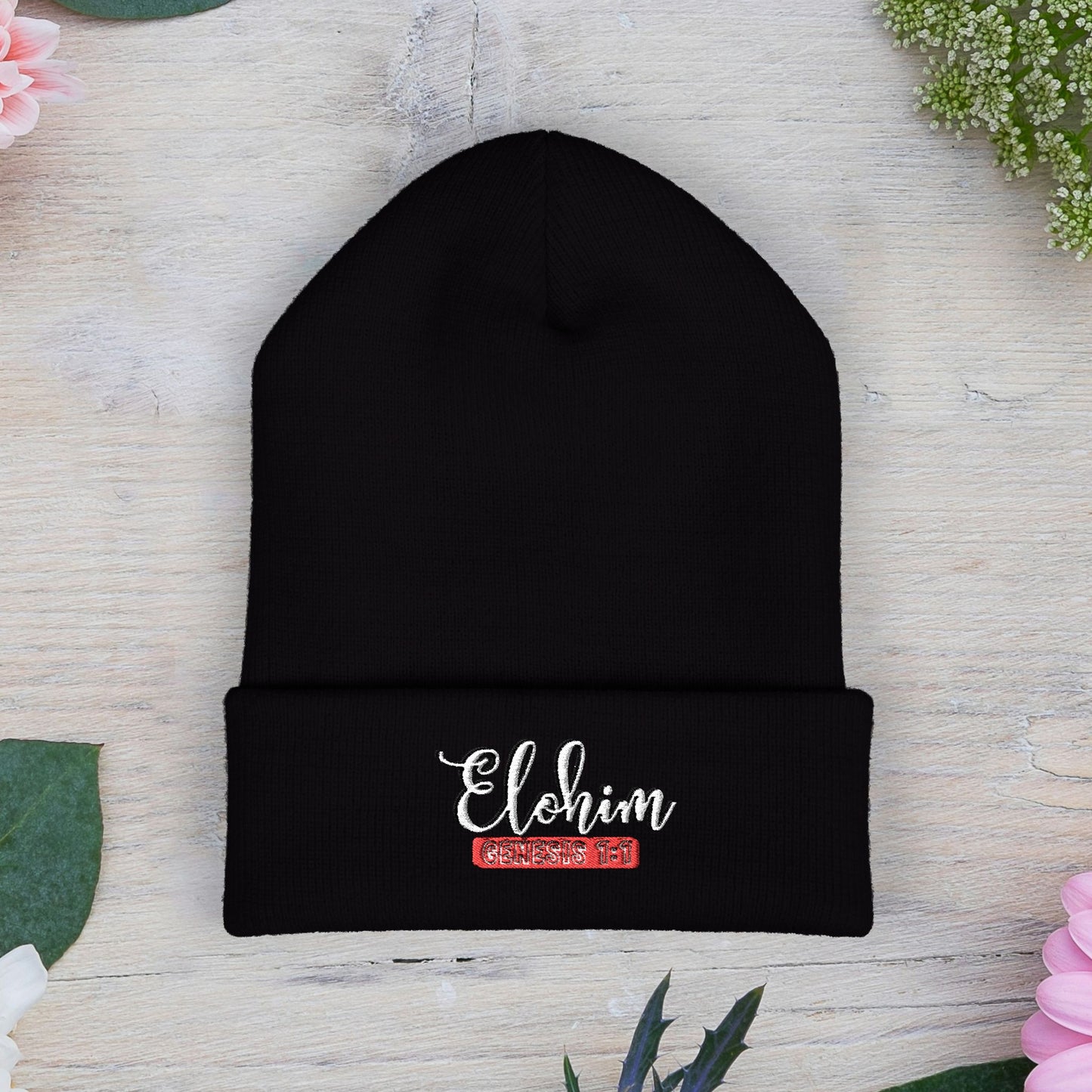 Embroidered 'ELOHIM, GENESIS 1:1' Classic Cuffed Beanie - Cozy Winter Hat, Streetwear Accessory, Personalized Gifts, Religious Apparel, Unisex Beanie