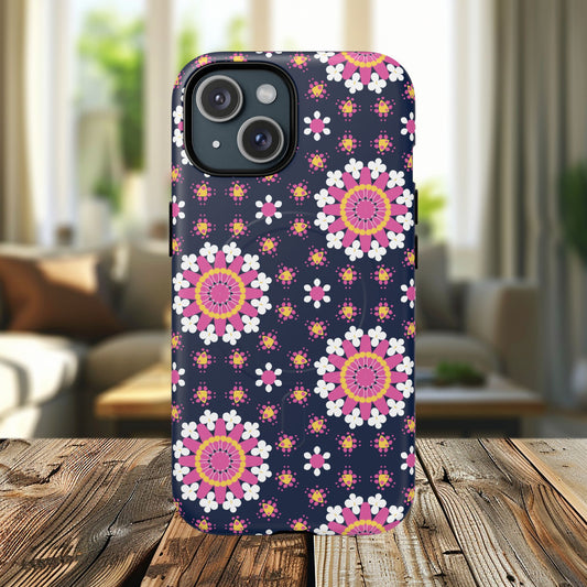 Midnight Mandala Bloom Tough iPhone Magnetic Case, Vibrant Design for Protection, Gift for Her, Trendy Accessory, Floral MagSafe iPhone Cover, Birthday, & Everyday Use