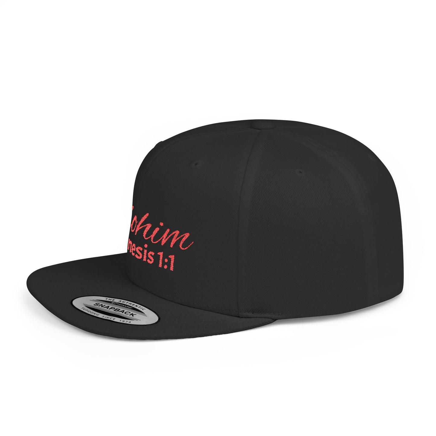Red Embroidery 'ELOHIM, GENESIS 1:1' Flat Bill Snapback Hat, Stylish Cap for Everyday Wear, Church Events, Gift for Him/Her, Streetwear Accessory, Casual Fashion