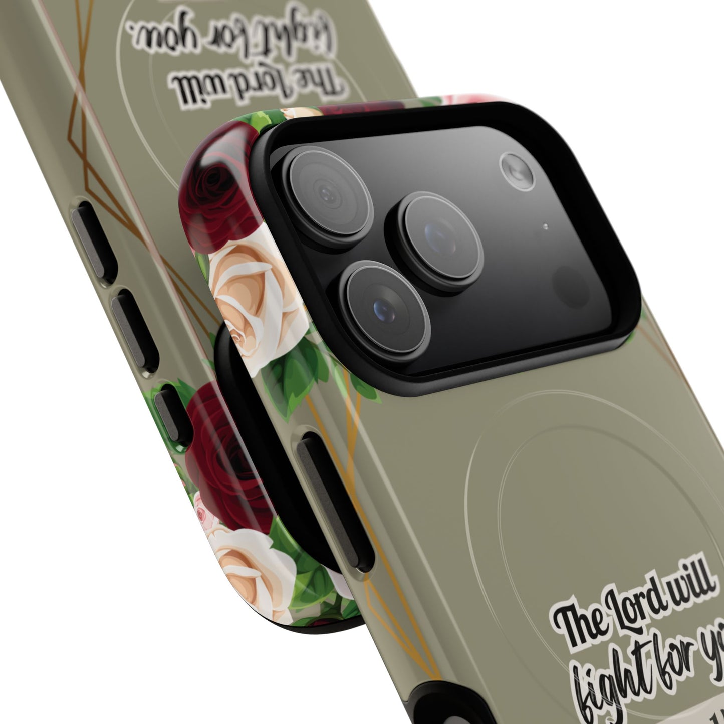 The Lord will Fight for You Exodus 14:14, Inspirational Gift, Tough iPhone Magnetic Case Scripture, Roses Bible Verse, MagSafe® iPhone® Tough Case, iPhone 14, iPhone 15, iPhone 16, Pro, Pro Max, Plus.