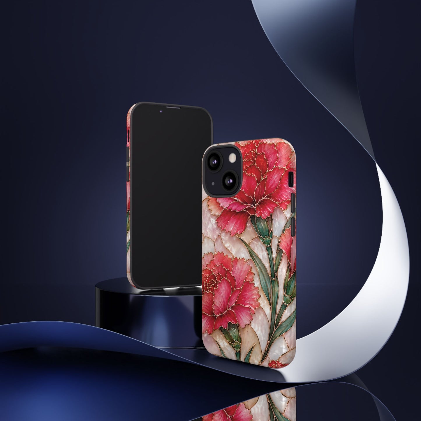Stained Glass Effect Carnation Floral Tough Phone Case – Pink Vintage Botanical Protective Cover