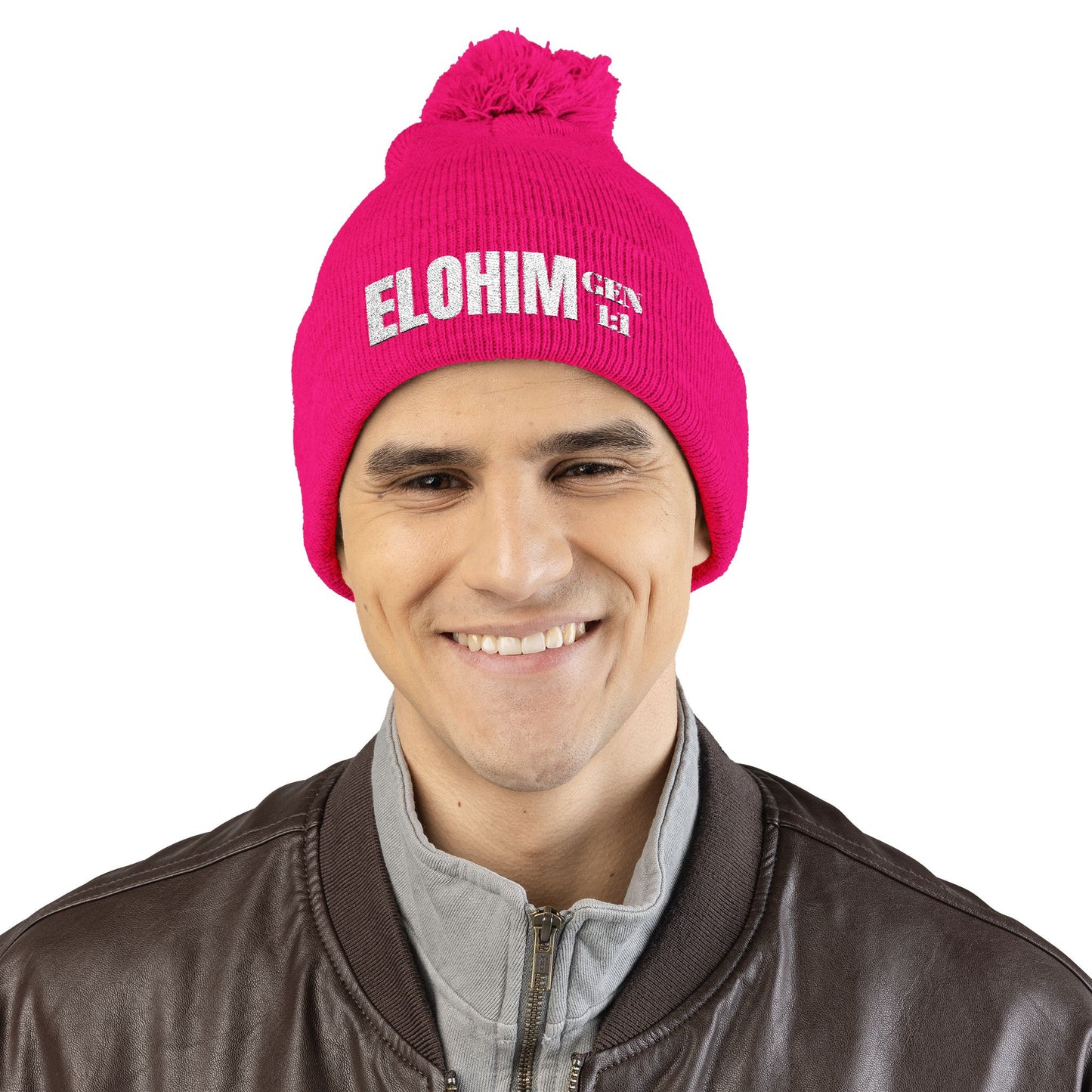 Pom-Pom Knit Cap with 'ELOHIM, GENESIS 1:1'  Embroidery Beanie - Stylish Winter Accessory for All Ages, Perfect Gift for Birthdays, Holidays, and Outdoor Activities