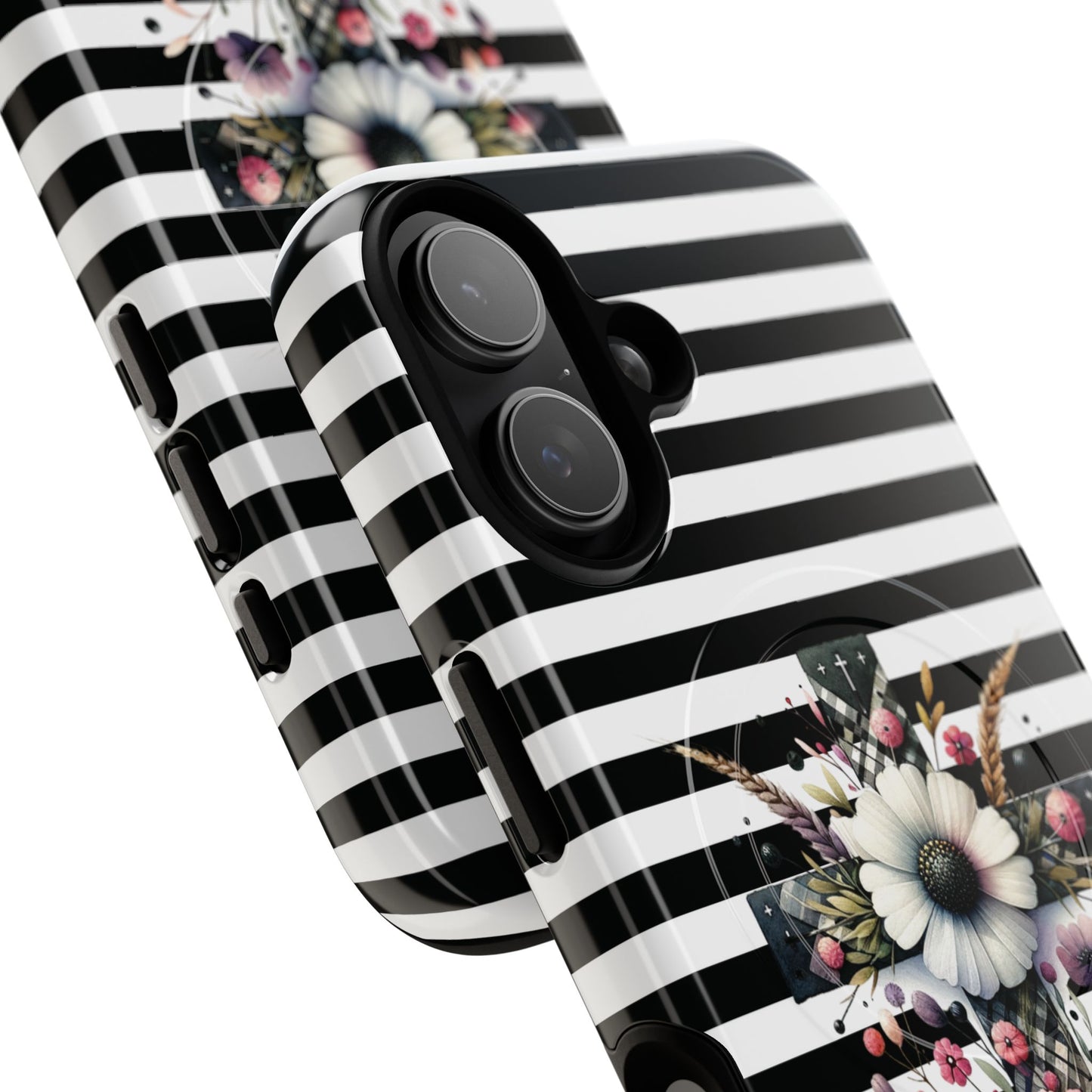 Faith in Bloom Tough iPhone Magnetic Case, iPhone Accessories, Floral iPhone Cover, Durable Cases for Gifts, Black and White Stripes