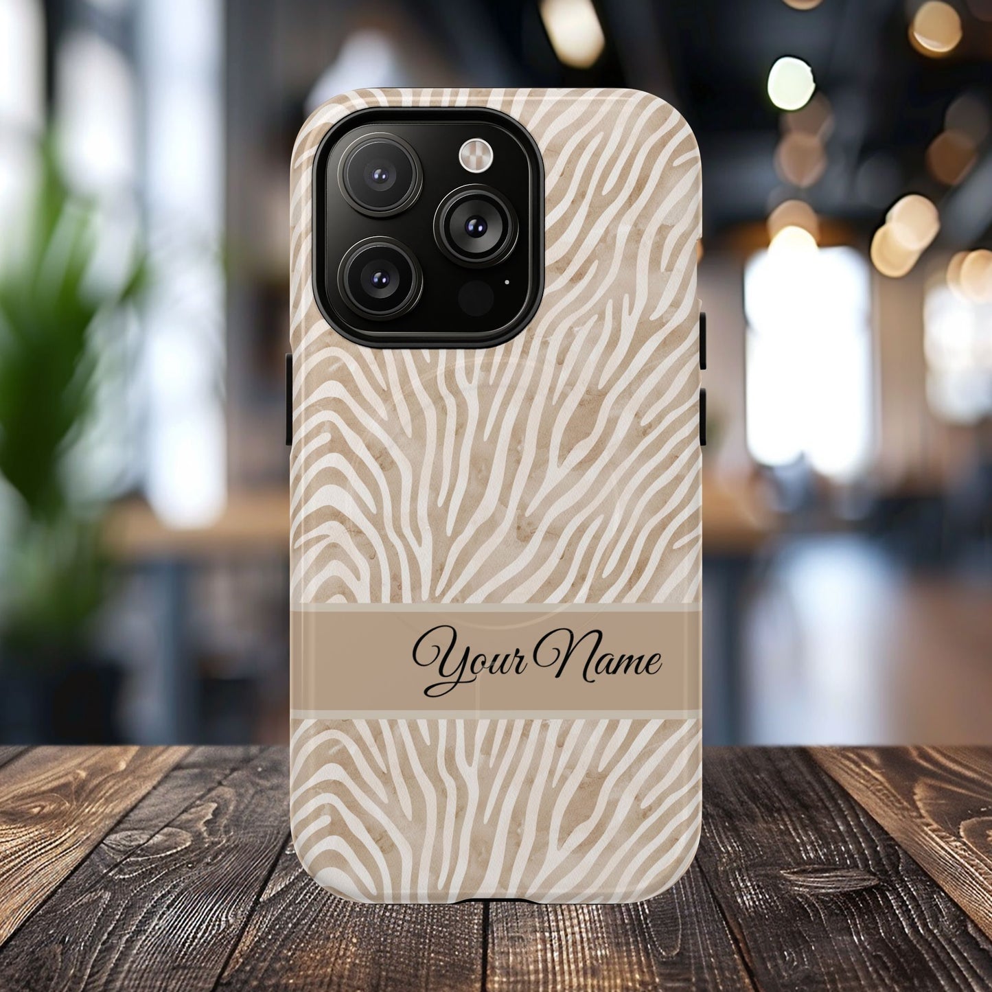 Personalized Zebra Animal Print Cover, Tough Magnetic MagSafe® iPhone® 13, 14, 15, 16, 17, Pro, Pro Max, Plus Cases (Custom Name).