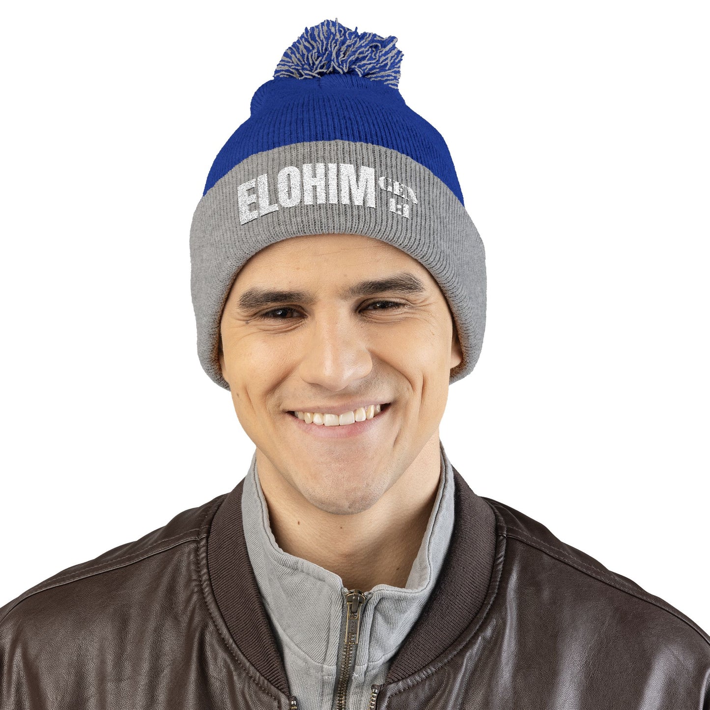 Pom-Pom Knit Cap with 'ELOHIM, GENESIS 1:1'  Embroidery Beanie - Stylish Winter Accessory for All Ages, Perfect Gift for Birthdays, Holidays, and Outdoor Activities