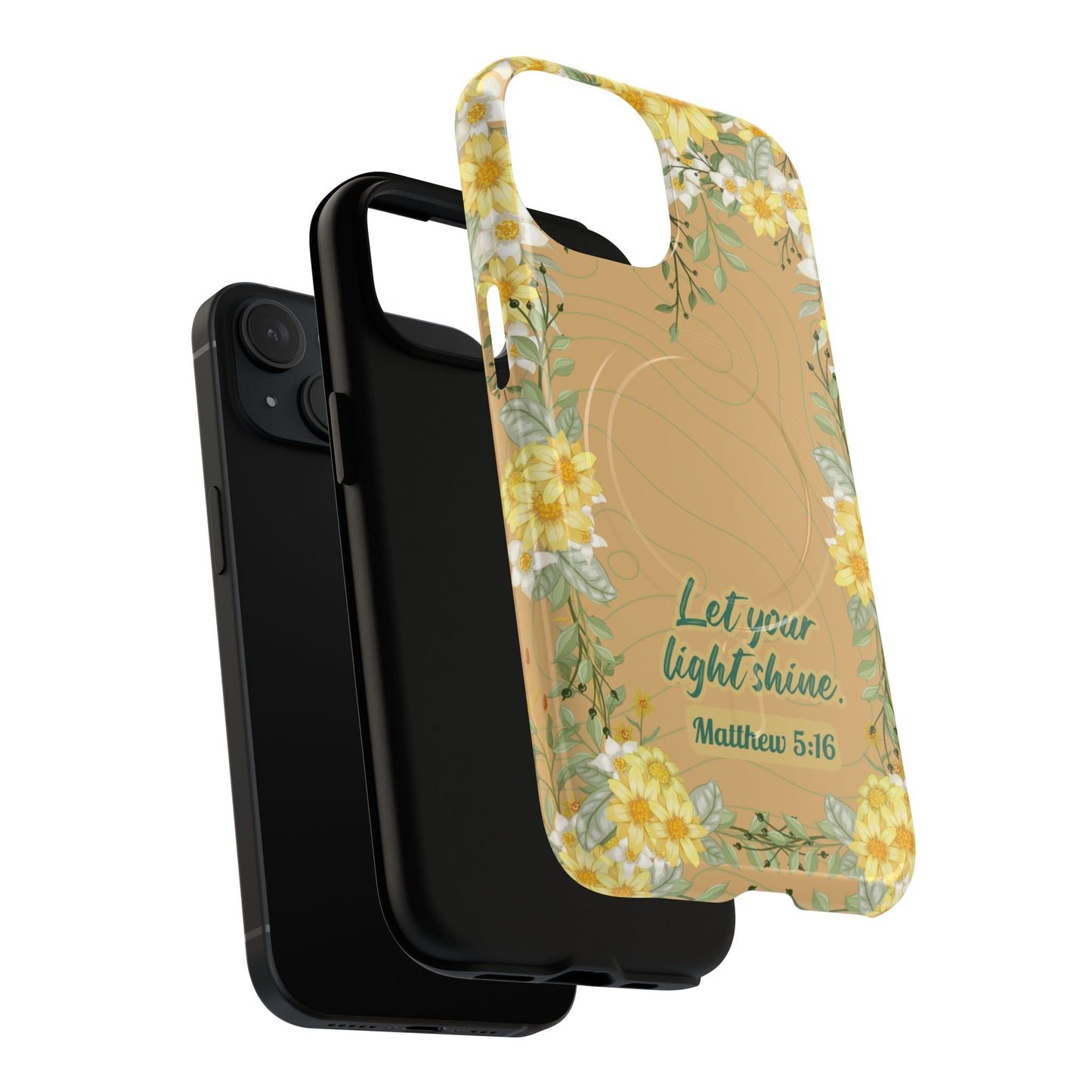 Let your Light Shine Matthew 5:16, Inspirational Gift, Tough iPhone Magnetic Case Scripture, Floral Bible Verse, MagSafe® iPhone® Tough Case, iPhone 14, iPhone 15, iPhone 16, Pro, Pro Max, Plus.
