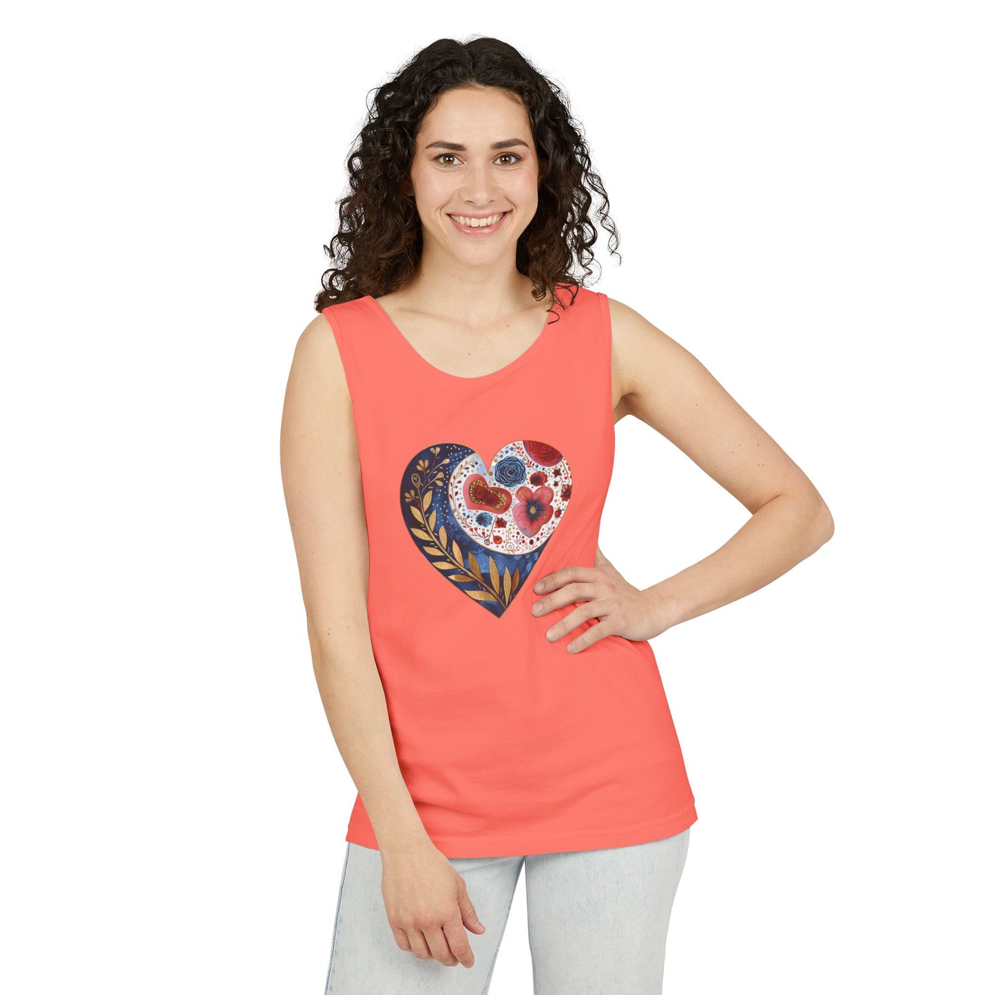 Floral Hearts Unisex Garment-Dyed Tank Top