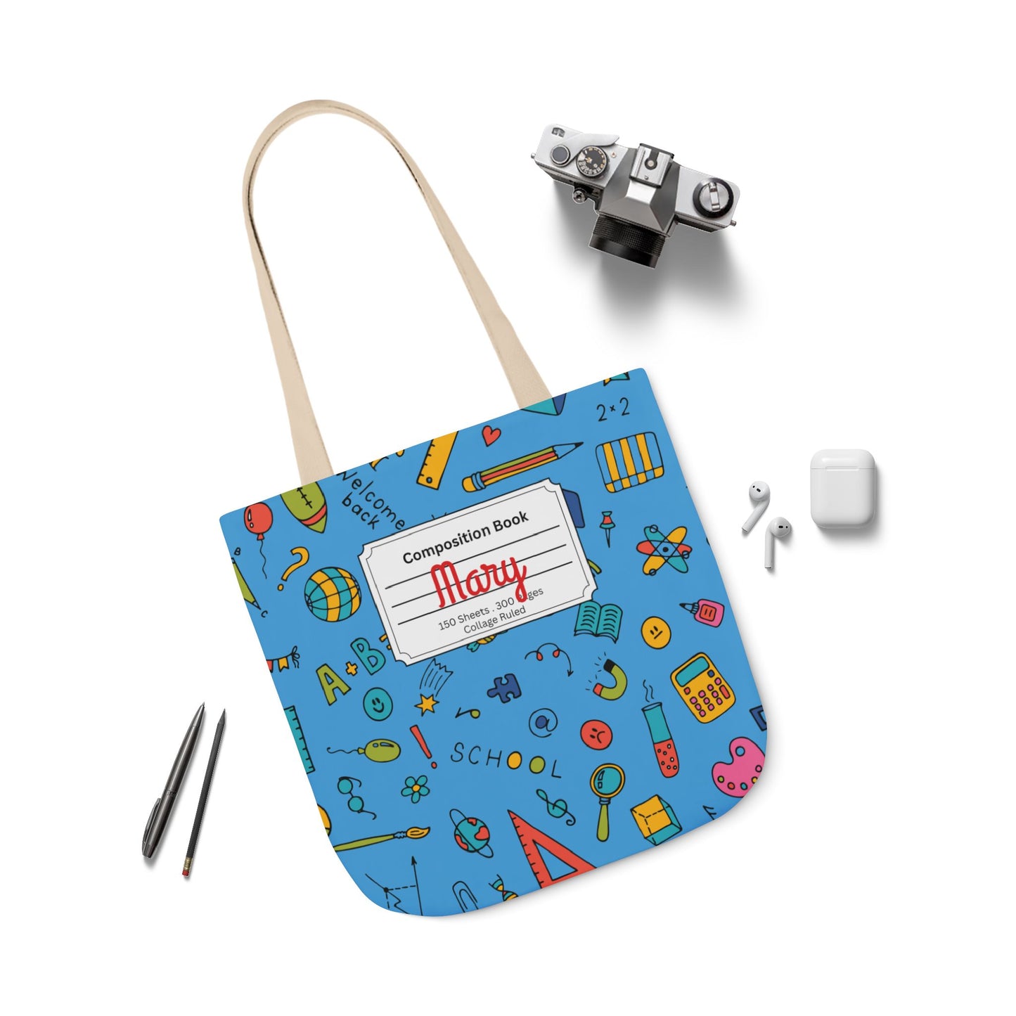 Personalized Classroom Couture Composition Book Inspired Canvas Tote Bag with Colorful Straps, Cute School Bag, Eco-Friendly Tote, Back to School Shopping Bag, Teacher Gift Idea