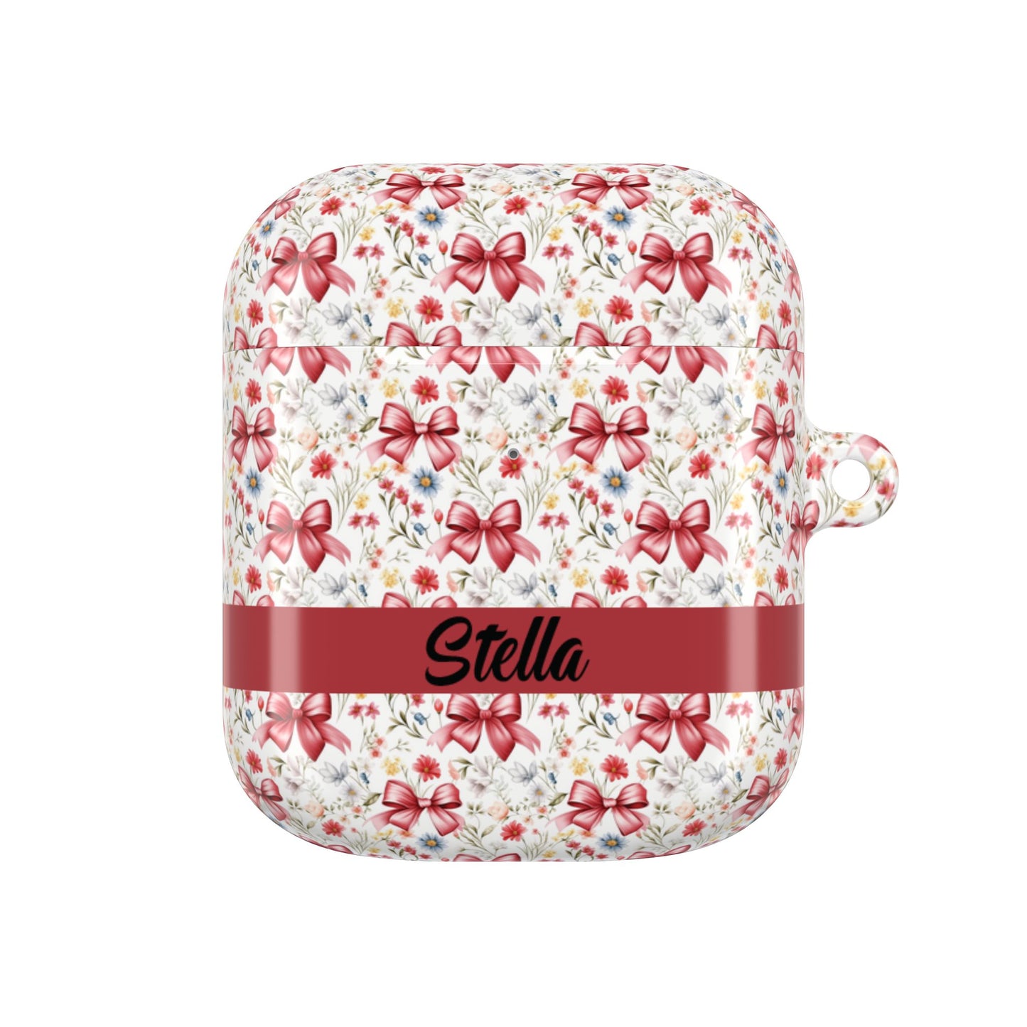 Personalized Rosette Coquette Floral AirPods Pro Gen 1, 2 and Airpods Gen 1, 2, 3, 4 Case — Red Bow Pattern with Custom Name Text.