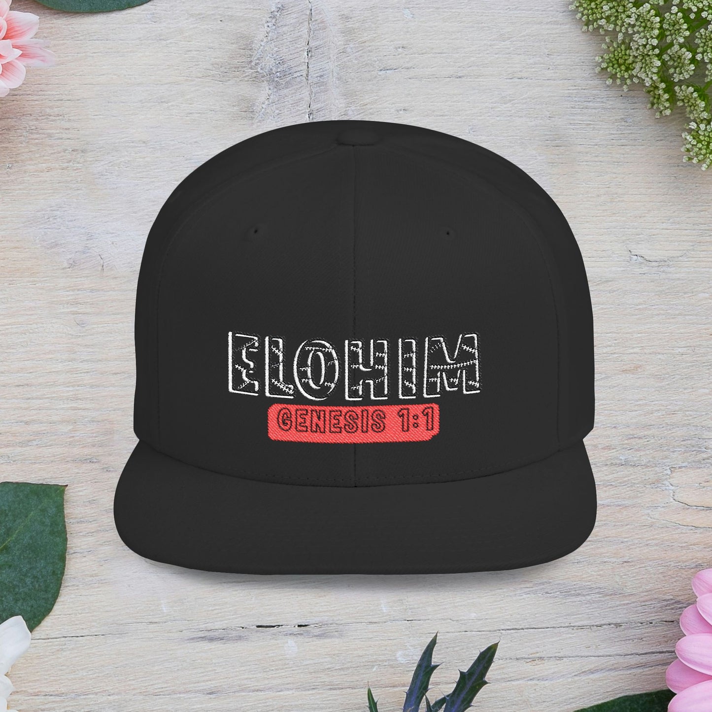Embroidery 'ELOHIM' & 'GENESIS 1:1' Flat Bill Snapback Hat, Stylish Cap for Everyday Wear, Church Events, Gift for Him/Her, Streetwear Accessory, Casual Fashion