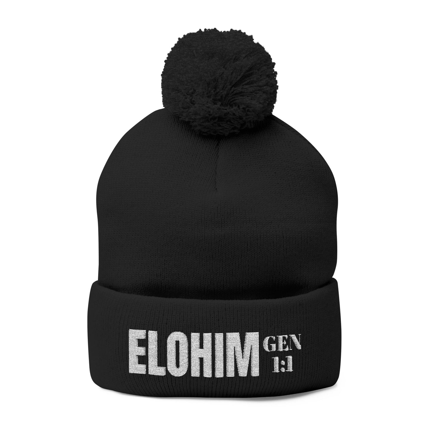 Pom-Pom Knit Cap with 'ELOHIM, GENESIS 1:1'  Embroidery Beanie - Stylish Winter Accessory for All Ages, Perfect Gift for Birthdays, Holidays, and Outdoor Activities
