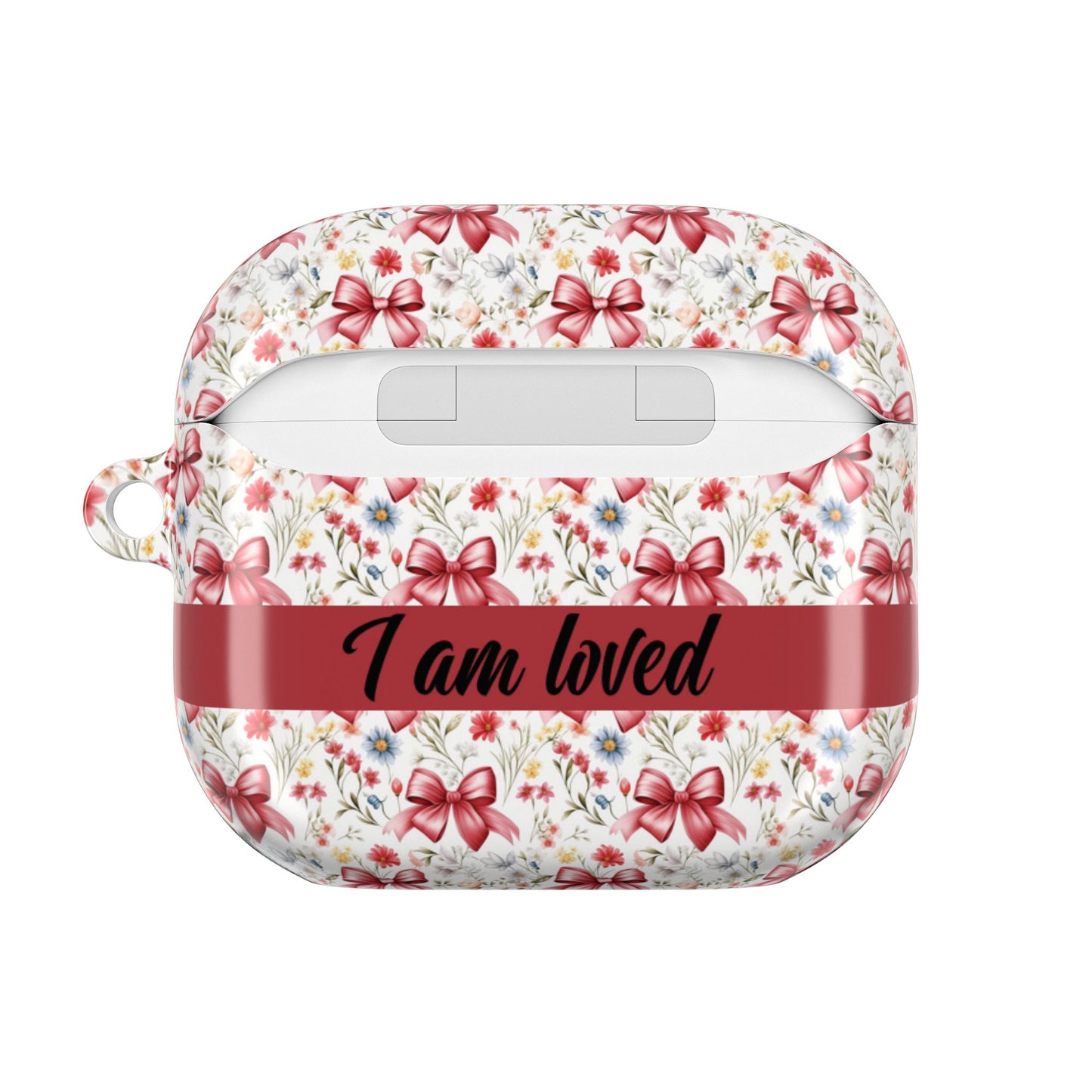 Personalized Rosette Coquette Floral AirPods Pro Gen 1, 2 and Airpods Gen 1, 2, 3, 4 Case — Red Bow Pattern with Custom Name Text.