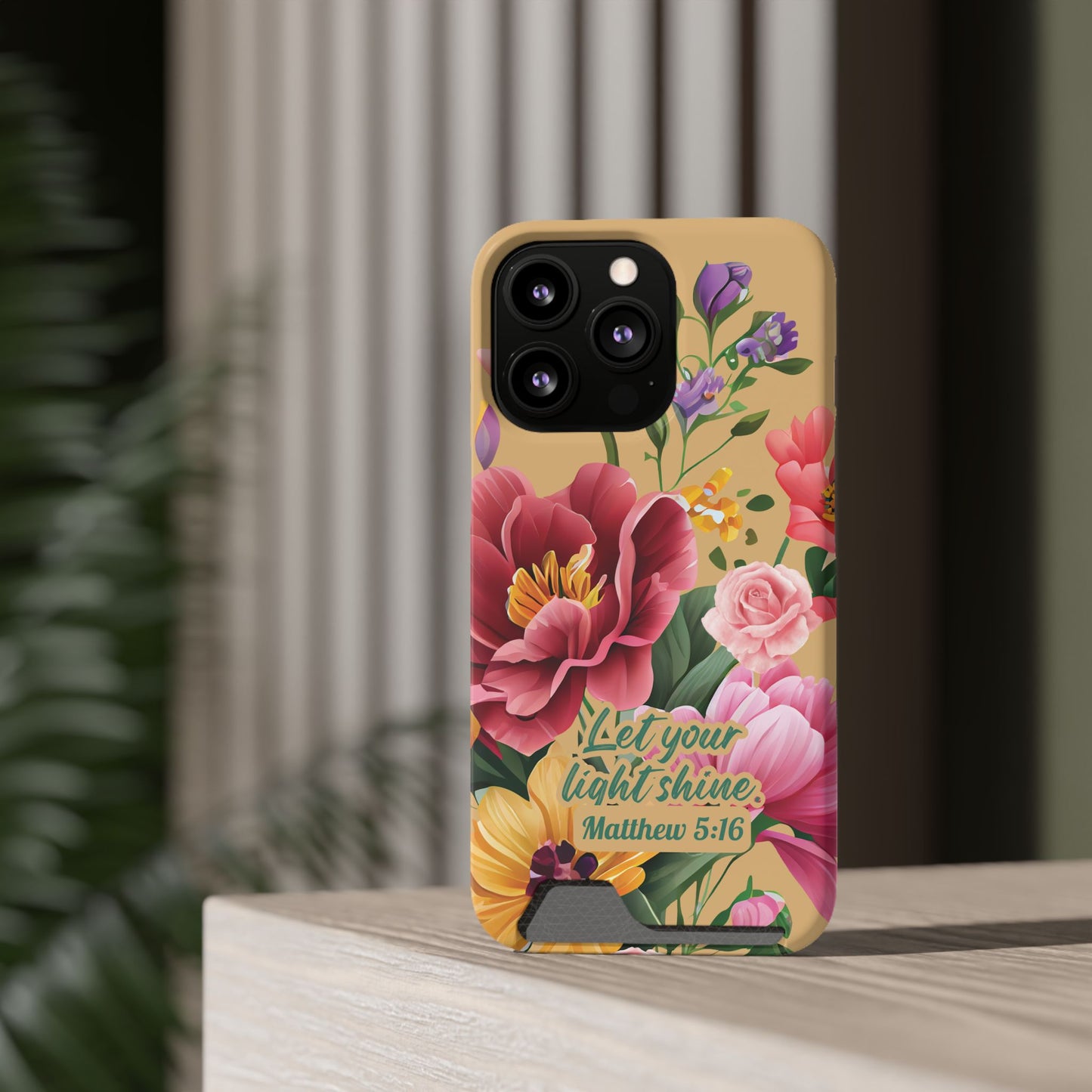 Floral Bible Verse Phone Case with Card Holder — "Let Your Light Shine" (Matthew 5:16)