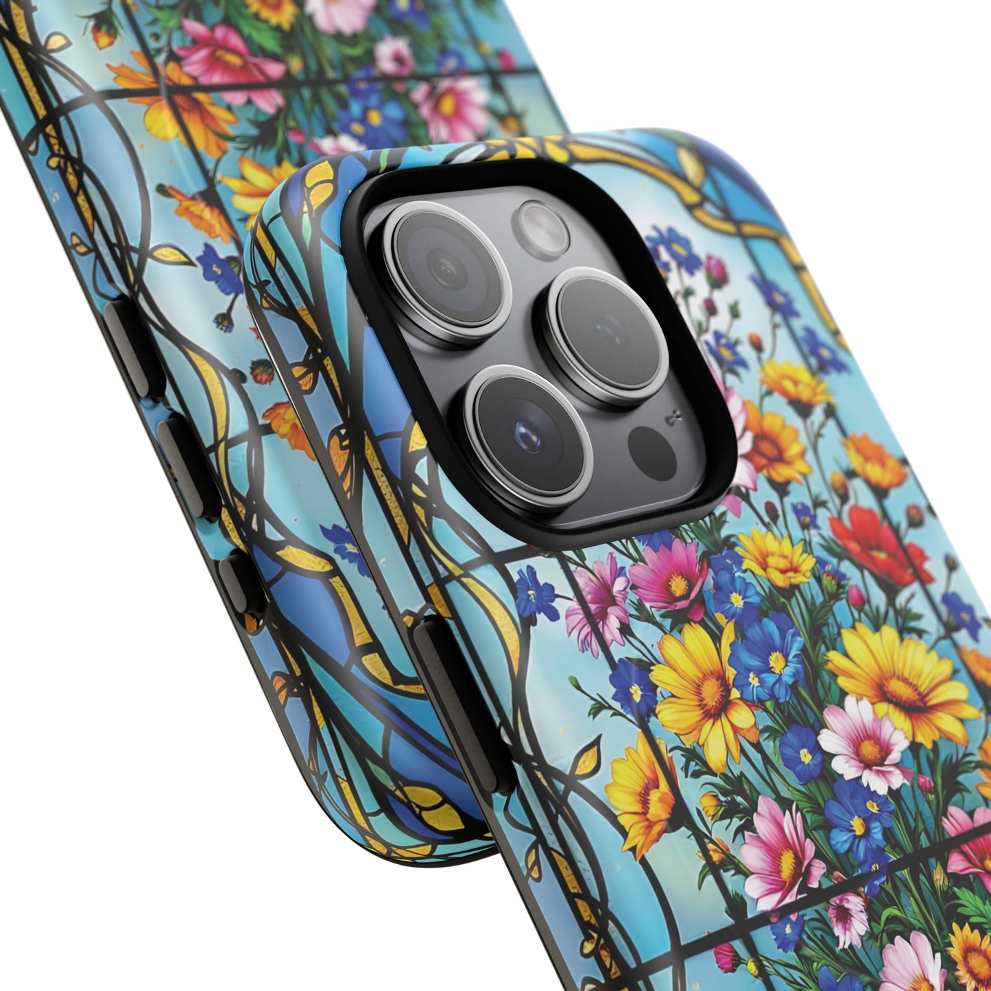 Floral Stained Glass Tough Magnetic Case, Durable Phone Cover, Gift for Nature Lovers, Unique Floral Design, Phone Accessories for All Occasions.