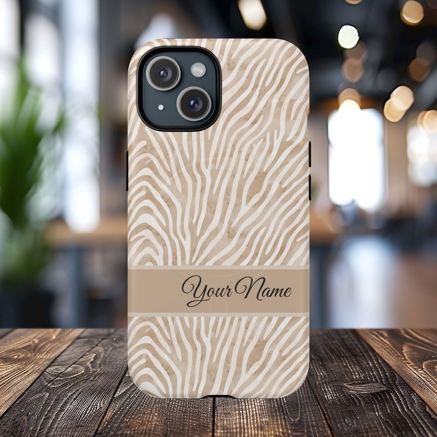 Personalized Zebra Animal Print Cover, Tough Magnetic MagSafe® iPhone® 13, 14, 15, 16, 17, Pro, Pro Max, Plus Cases (Custom Name).