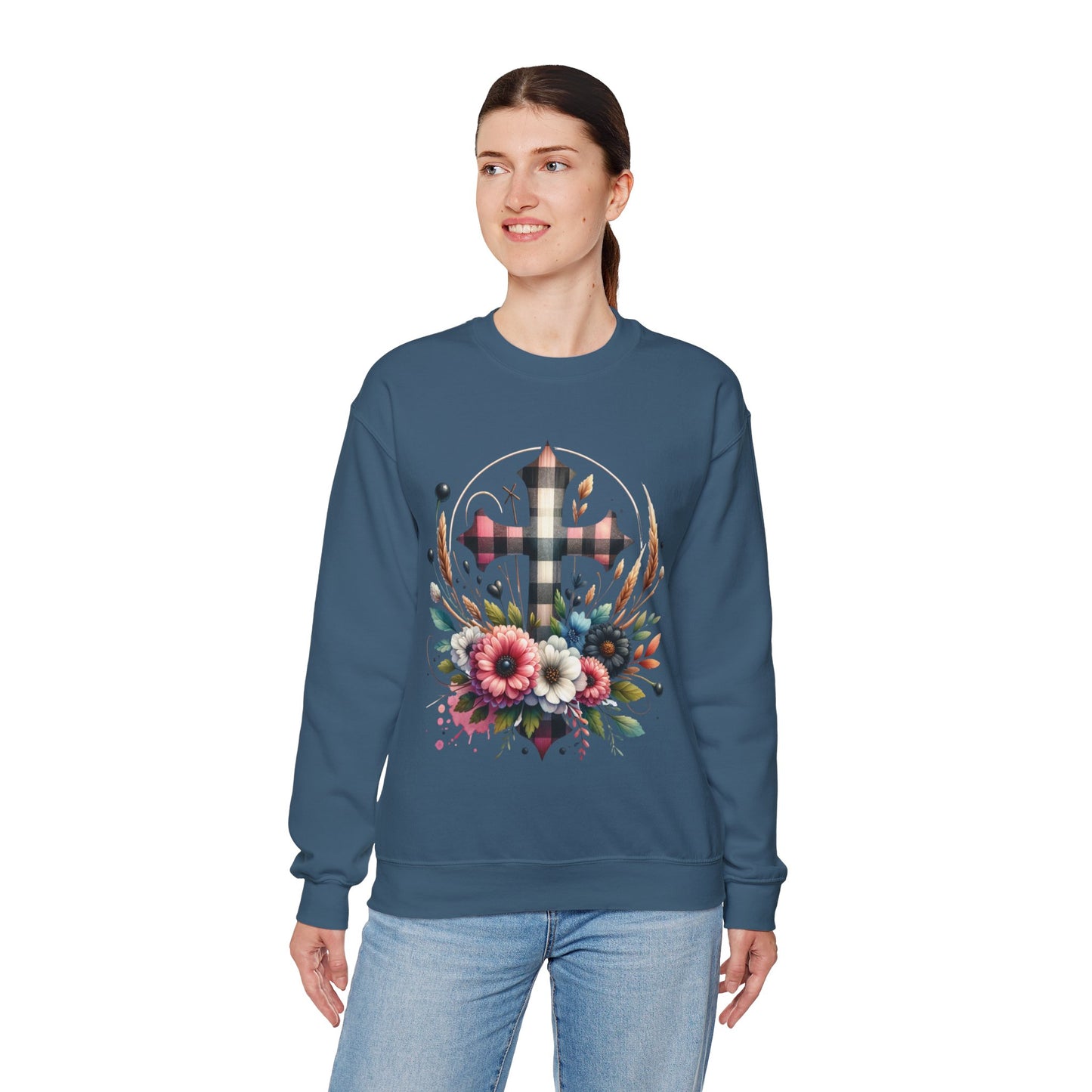 Faith and Floral Cross Unisex Heavy Gildan Blend™ Crewneck Sweatshirt.