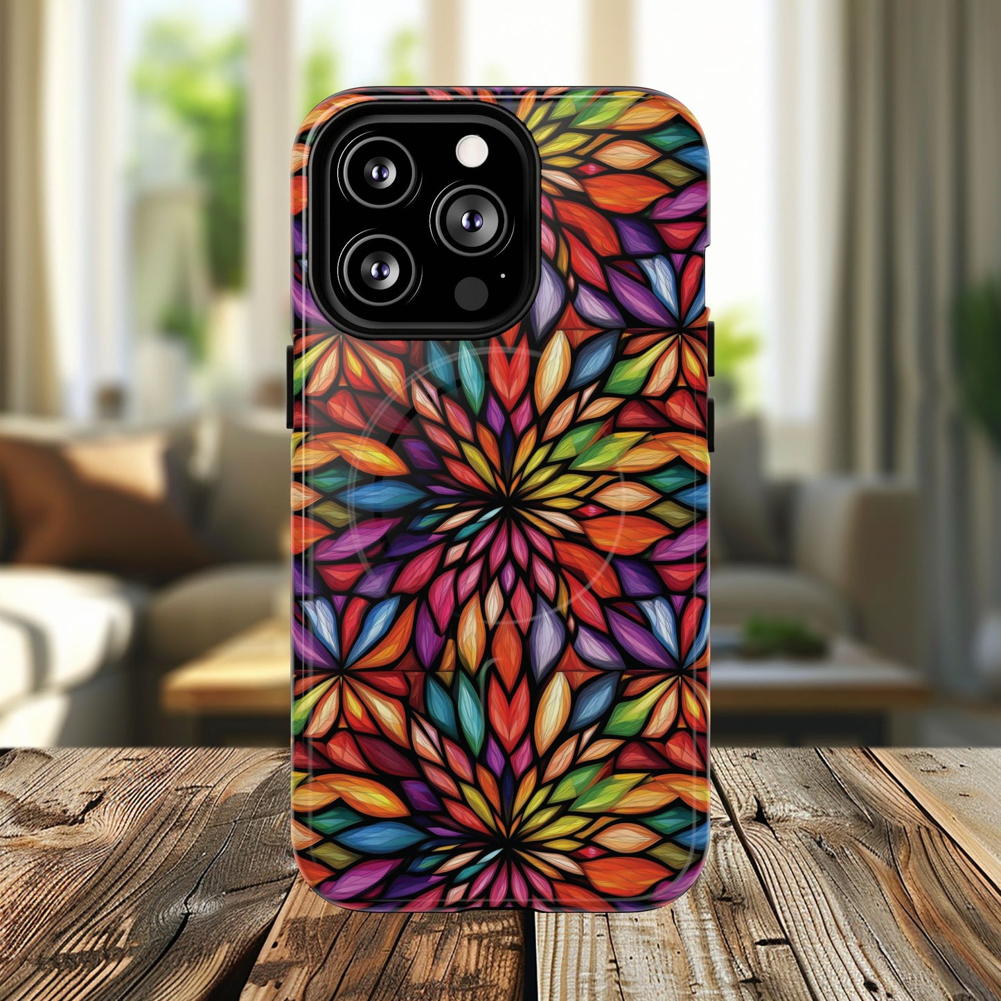 Prism Bloom Tough iPhone Magnetic Case, Stained Glass  MagSafe Cases, iPhone Accessory, Floral Design, Unique Gift, iPhone Protection