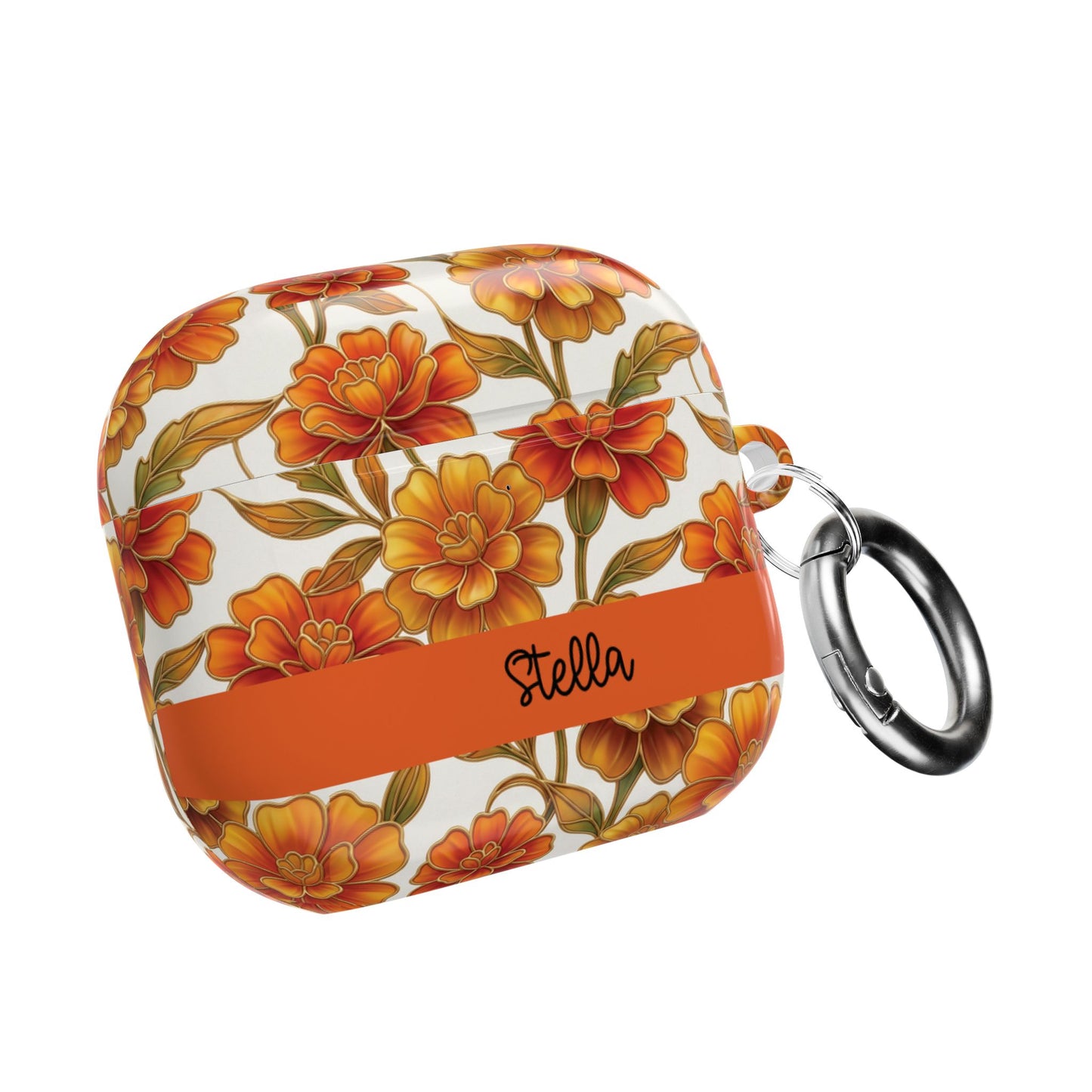 Stained Glass Effect Floral Orange Marigold AirPod Case — Personalized Name Option