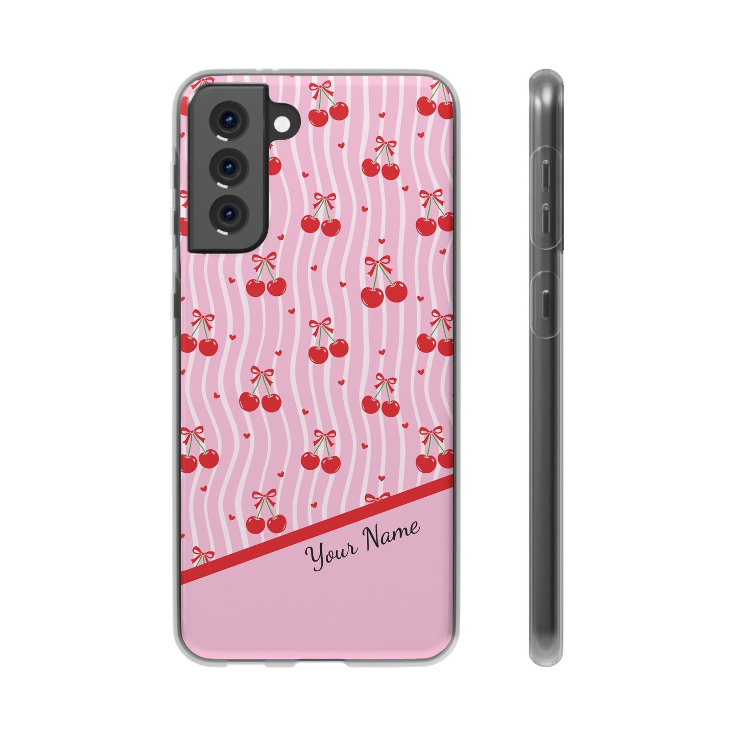 Personalized Cherry Blossom Dreams Flexi Case — Pink Retro Cherry iPhone® 7/8, 11, 12, 13, 14, 15, 16, 17, X/XS, SE, XR, Mini, Pro, Pro Max, Plus Cases.