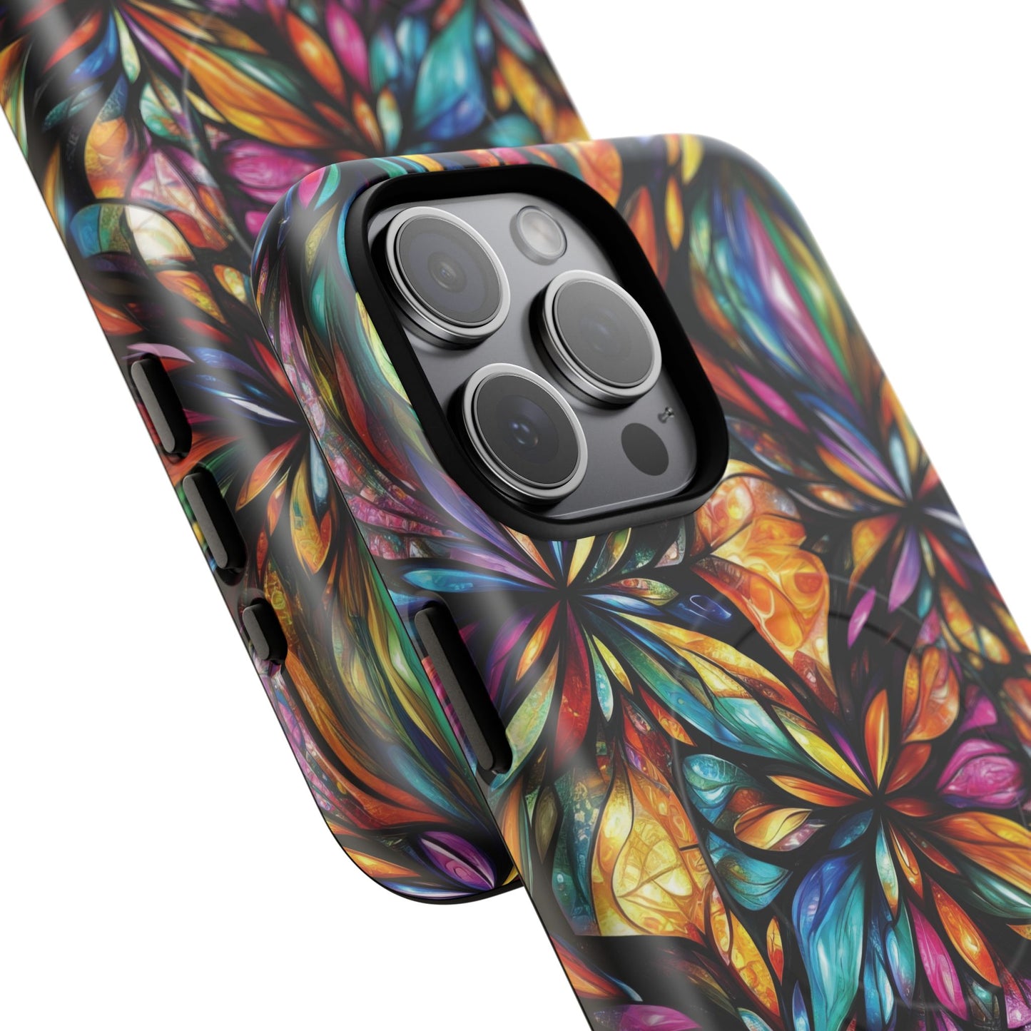 Luminous Whirl Tough Magnetic iPhone Cases, Vibrant Protection, Unique Floral Print, Durable Cover, Gift for Tech Lovers, iPhone Accessory, Stained Glass iPhone Design.