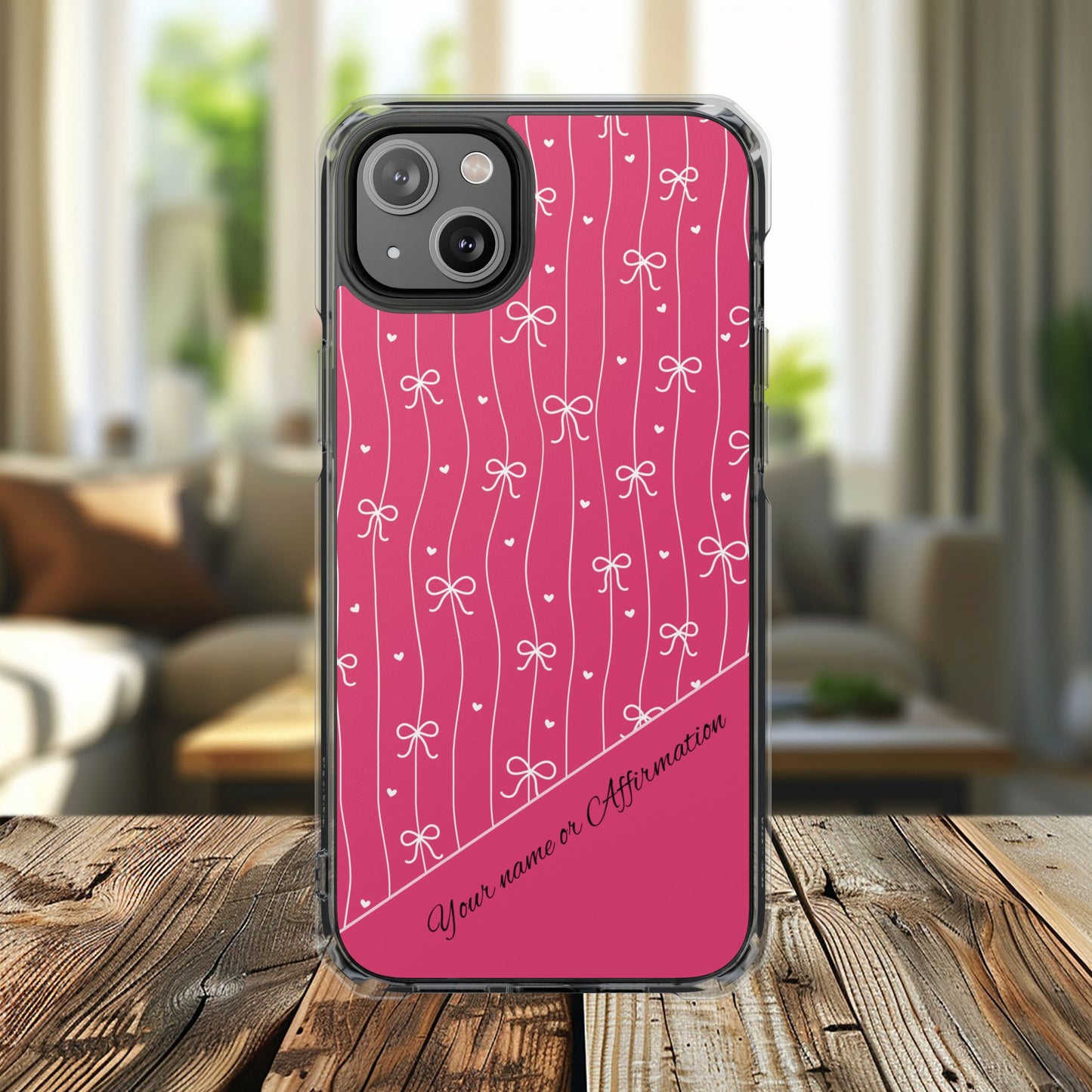Personalized Pink Bow Coquette Tough Magnetic MagSafe® Clear iPhone Case  iPhone® 13, 14, iPhone 15, iPhone 16, iPhone 17, Pro, Pro Max, Plus Cases.