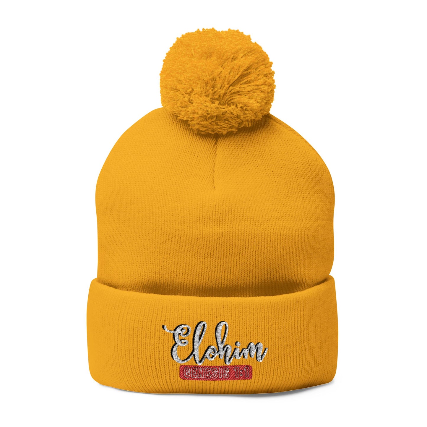 Pom-Pom Knit Cap with 'ELOHIM, GENESIS 1:1'  Embroidery Beanie - Stylish Winter Accessory for All Ages, Perfect Gift for Birthdays, Holidays, and Outdoor Activities