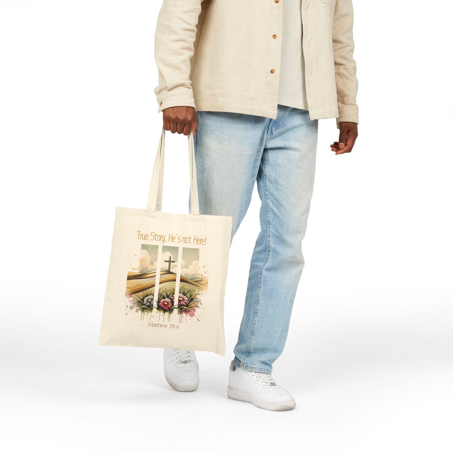 Inspirational Cotton Canvas Tote Bag - 'True Story, He's Not Here!'