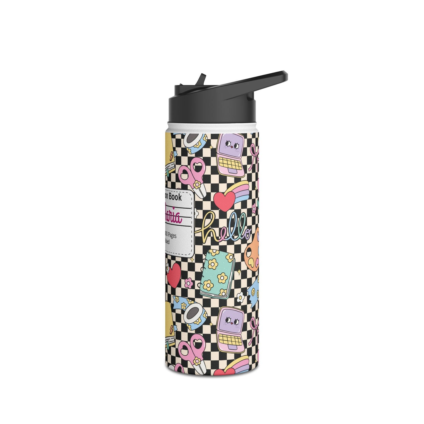Personalized Black Doodle Daydream Composition Book Inspired Stainless Steel Water Bottle for Kids, School Supplies, Eco-Friendly Drinkware, Back to School, Teacher Gifts