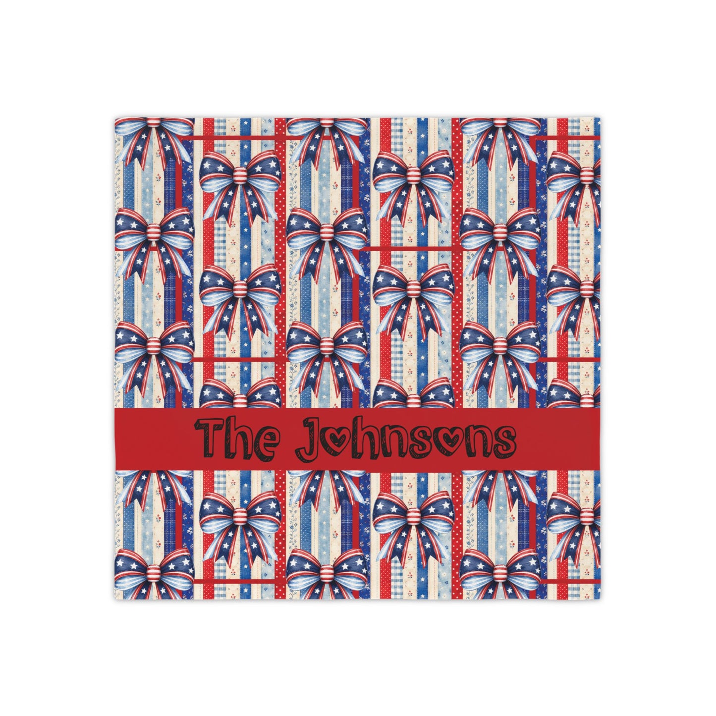 Personalized Patriotic Napkin Set — 4 Red White Blue Cocktail Napkins with Stars & Stripes Bow (Custom Name)