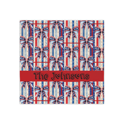 Personalized Patriotic Napkin Set — 4 Red White Blue Cocktail Napkins with Stars & Stripes Bow (Custom Name)