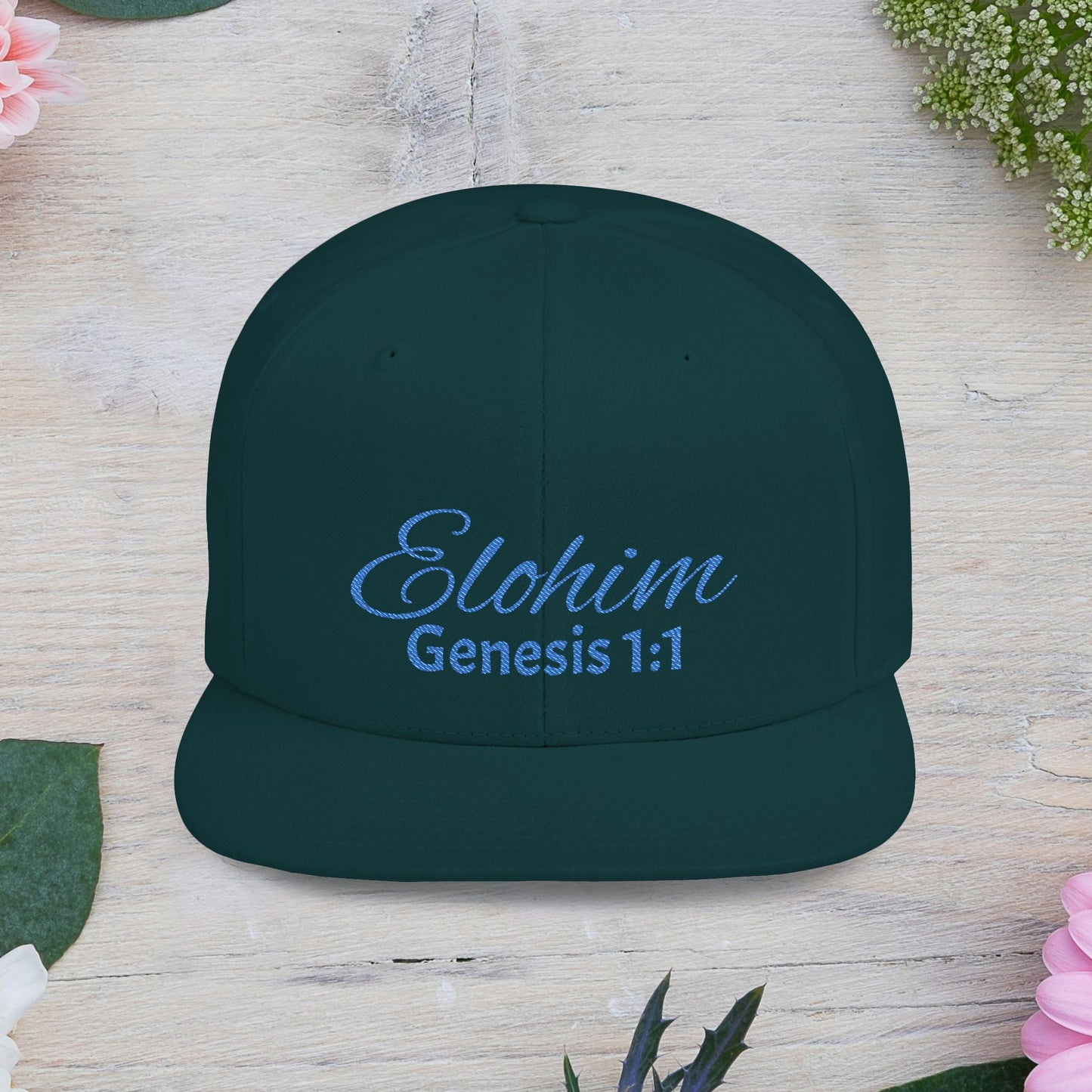 Blue Embroidery 'ELOHIM, GENESIS 1:1' Flat Bill Snapback Hat, Stylish Cap for Everyday Wear, Church Events, Gift for Him/Her, Streetwear Accessory, Casual Fashion