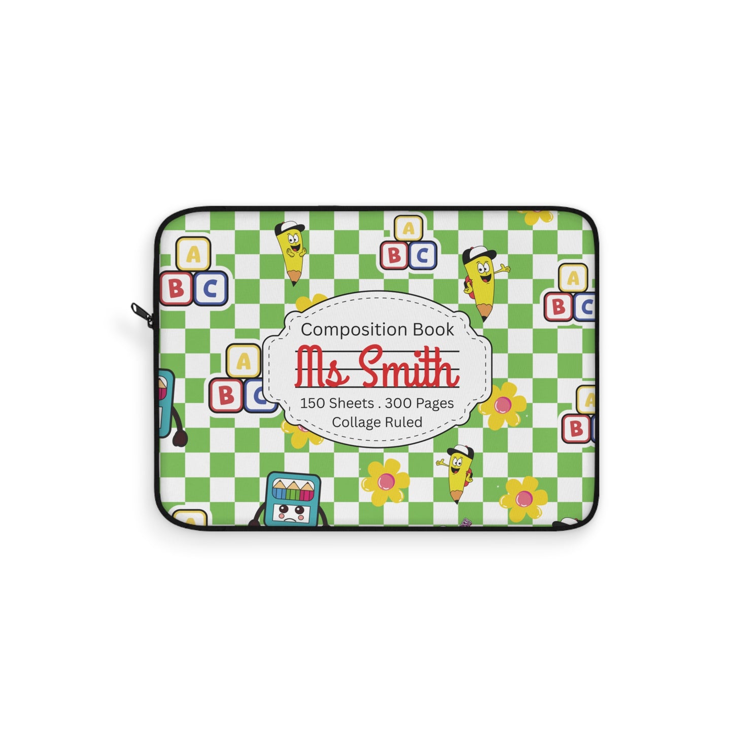 Personalized Green SchoolYard Chic Laptop Sleeve with Composition Book Inspired Design, Educational Gift for Teachers, Classroom Organization, Back to School, Unique Teacher Accessory