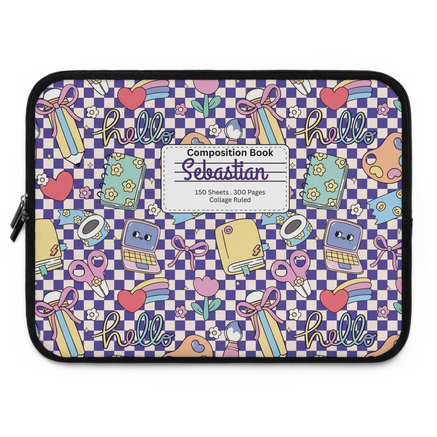 Personalized Purple Doodle Daydream Laptop Sleeve with Composition Book Inspired Design, Customizable Tech Case, School Supplies, Gift for Students, College Essentials, Back to School