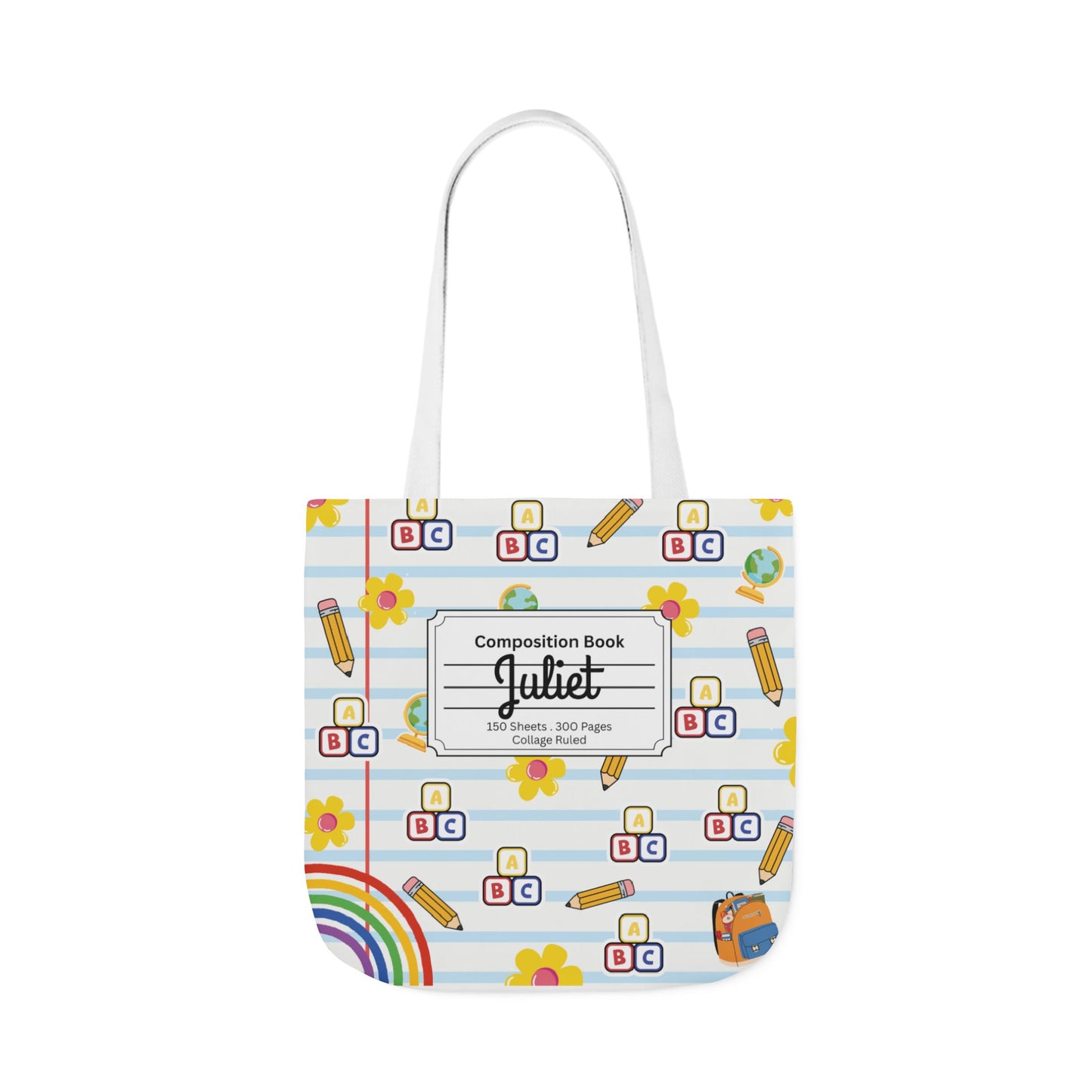 Personalized White Schoolyard Chic Composition Book Inspired Canvas Tote Bag with Colorful Straps, Cute School Bag, Eco-Friendly Tote, Back to School Shopping Bag, Teacher Gift Idea