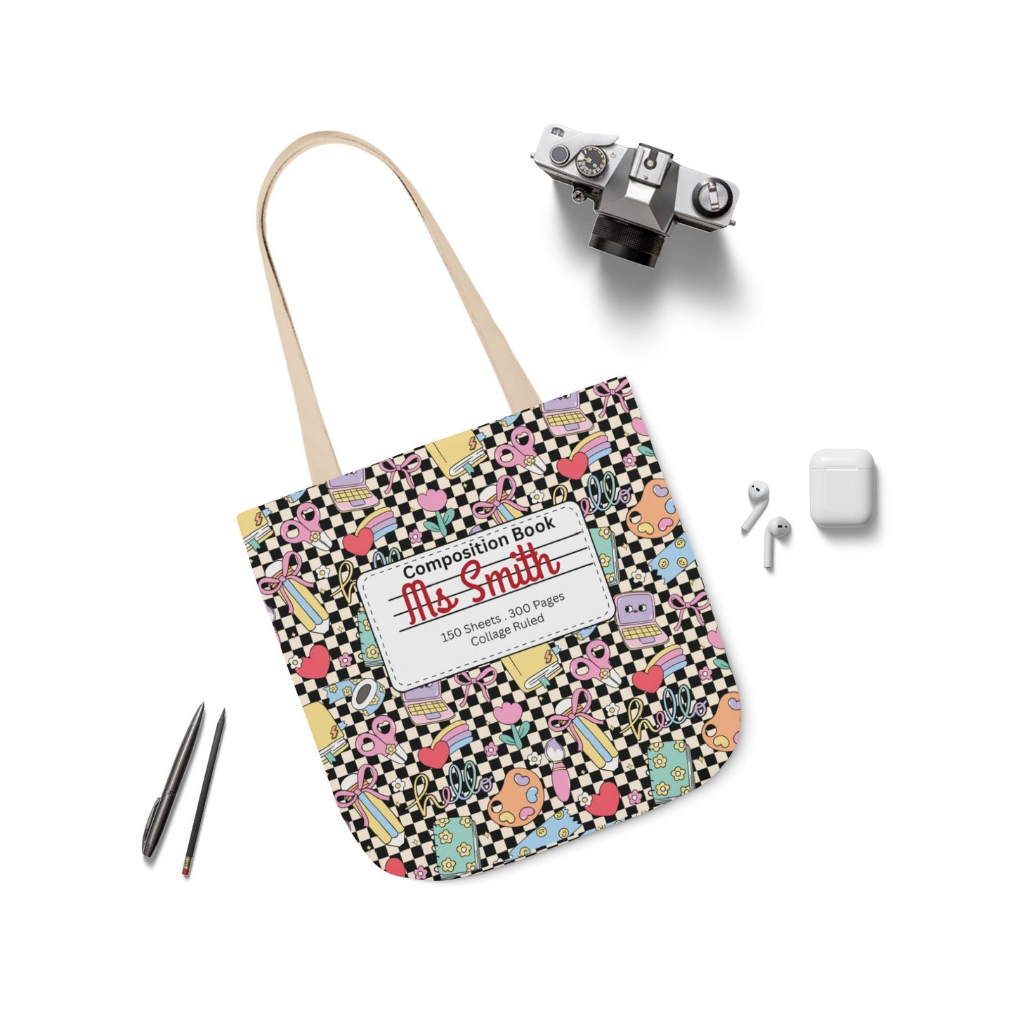 Personalized Black Doodle Daydream Composition Book Inspired Canvas Tote Bag with Colorful Straps, Cute School Bag, Eco-Friendly Tote, Back to School Shopping Bag, Teacher Gift Idea