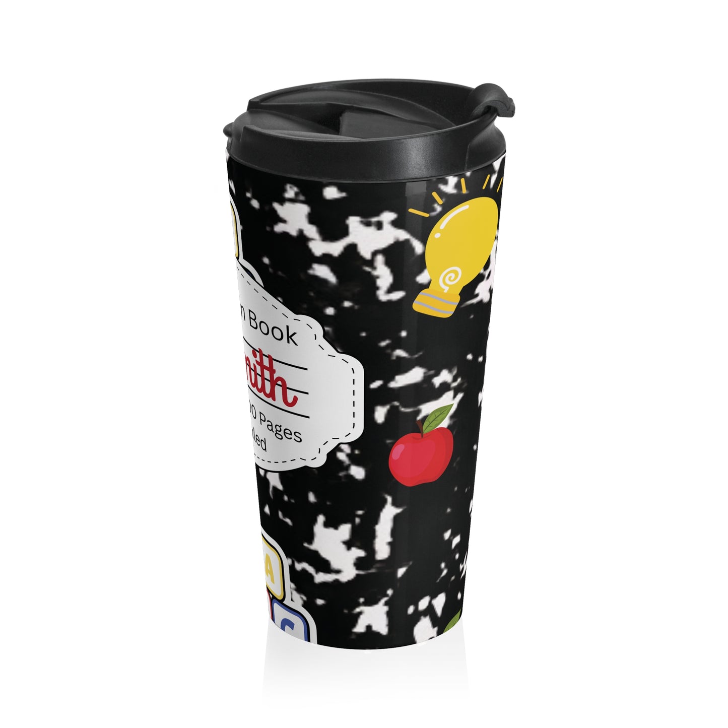 Customizable Black Composition Book Inspired Travel Mug, Personalized Gift for Teachers, Back to School Drinkware, Christmas Present, Stylish Coffee Cup