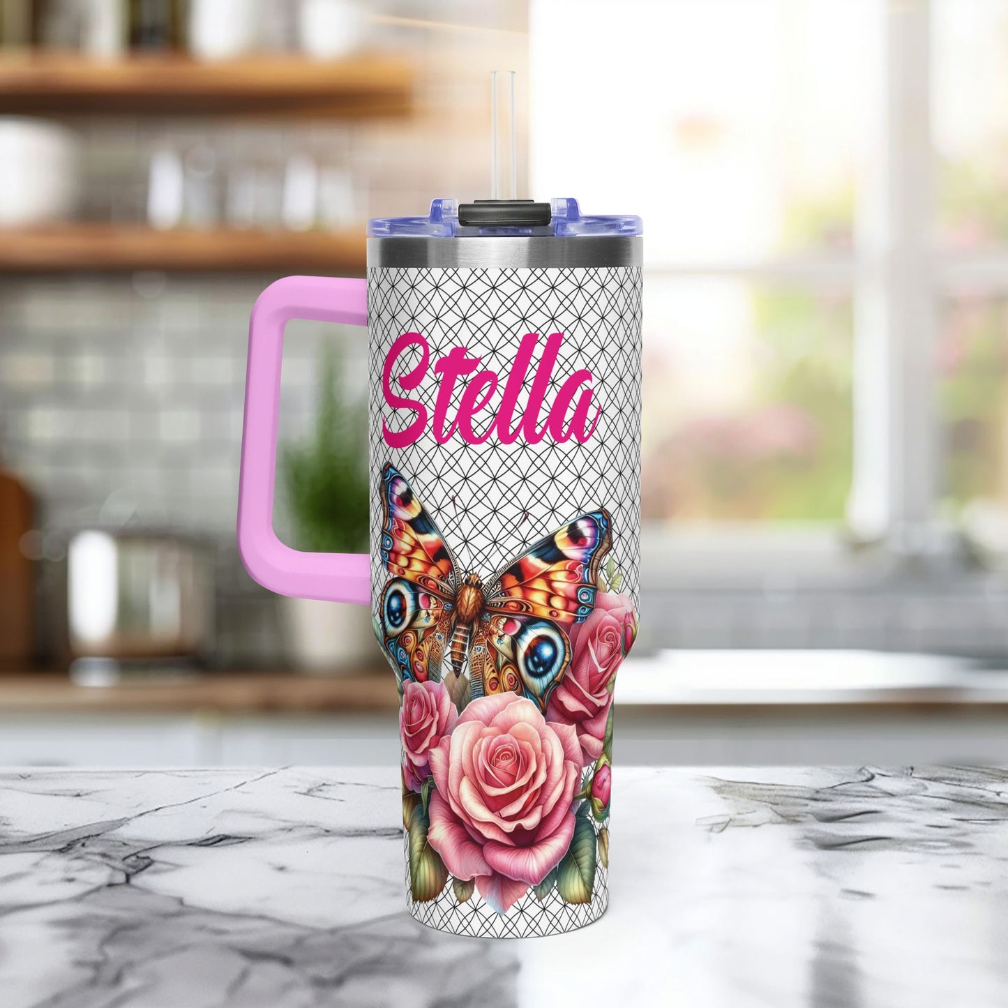 40oz Floral Butterfly Tumbler — Personalized "Name and Affirmation" Vacuum Insulated Cup
