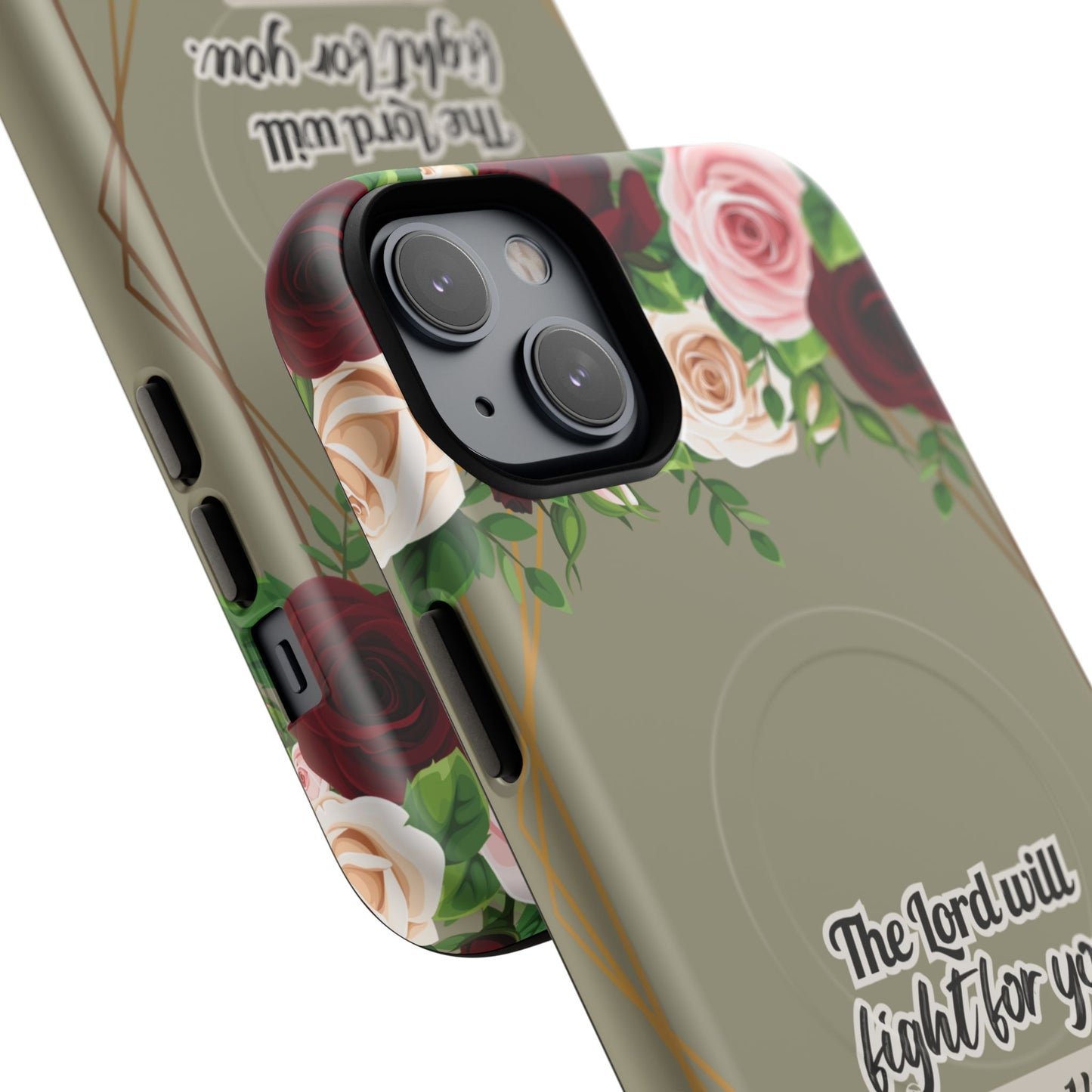 The Lord will Fight for You Exodus 14:14, Inspirational Gift, Tough iPhone Magnetic Case Scripture, Roses Bible Verse, MagSafe® iPhone® Tough Case, iPhone 14, iPhone 15, iPhone 16, Pro, Pro Max, Plus.