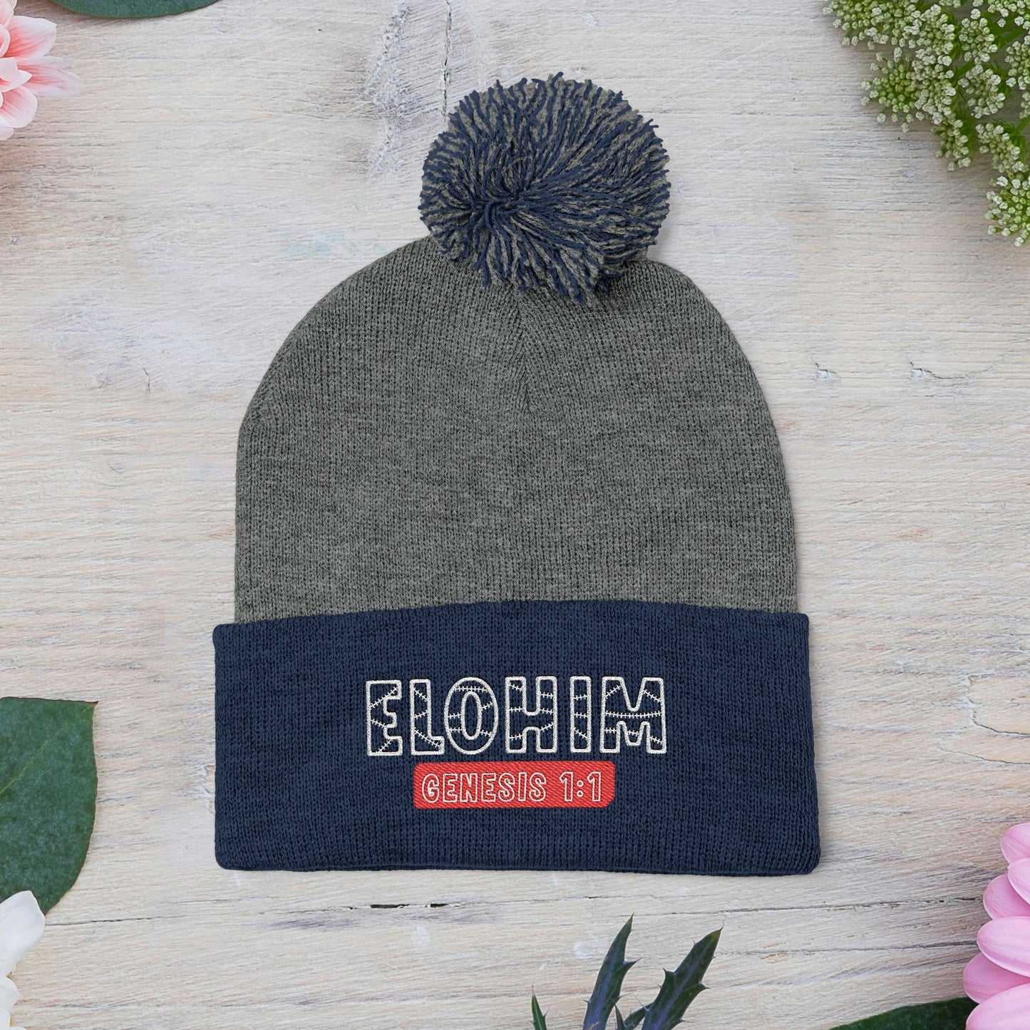 Cozy Pom-Pom Knit Cap with 'ELOHIM, GENESIS 1:1'  Embroidery Beanie - Stylish Winter Accessory for All Ages, Perfect Gift for Birthdays, Holidays, and Outdoor Activities