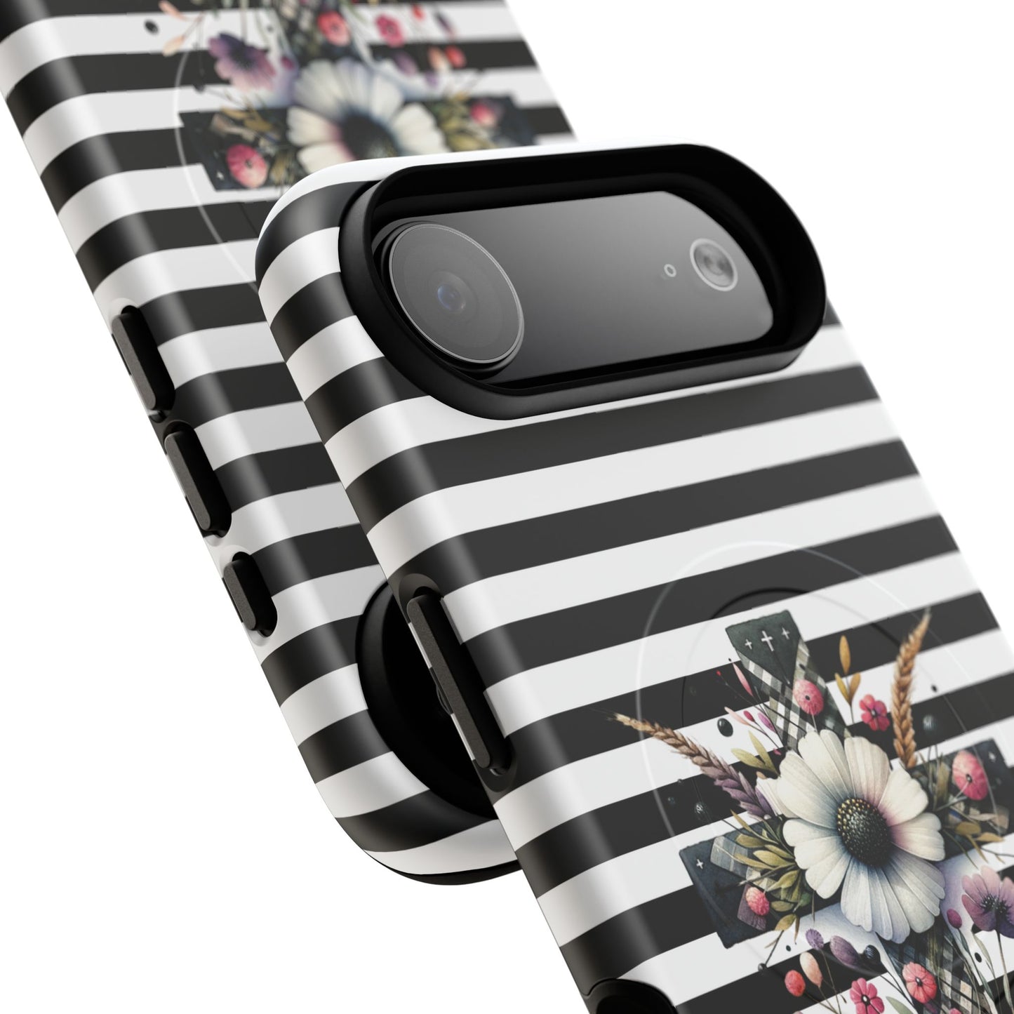 Faith in Bloom Tough iPhone Magnetic Case, iPhone Accessories, Floral iPhone Cover, Durable Cases for Gifts, Black and White Stripes