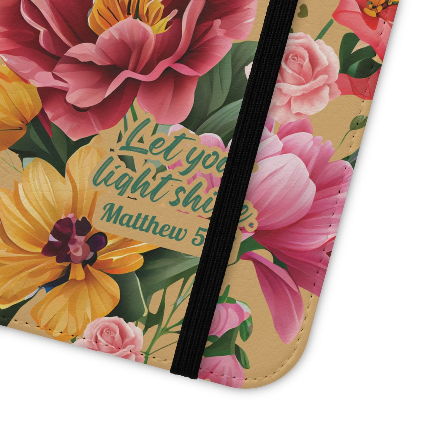 Floral Scripture Flip Case — "Let Your Light Shine" Wallet Phone Cover (Matthew 5:16)